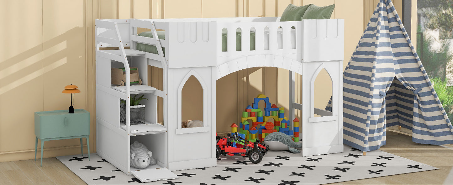 White wooden castle loft bed with integrated shelves and slide
