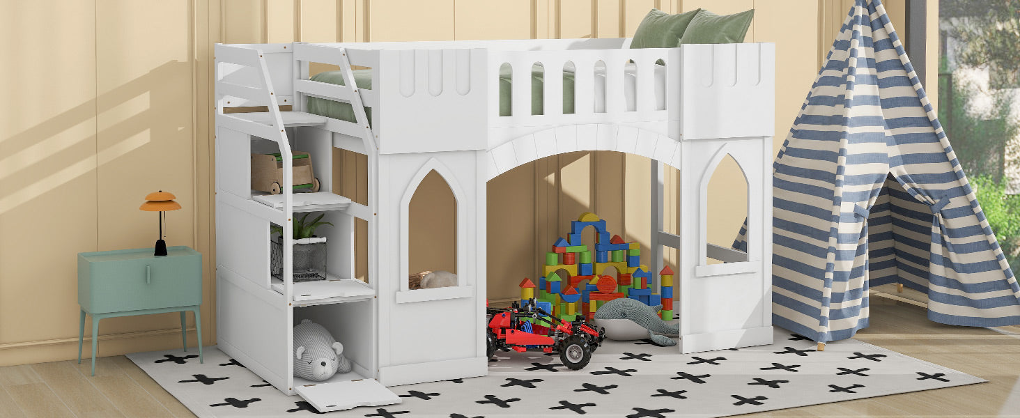 White wooden castle loft bed with integrated shelves and slide