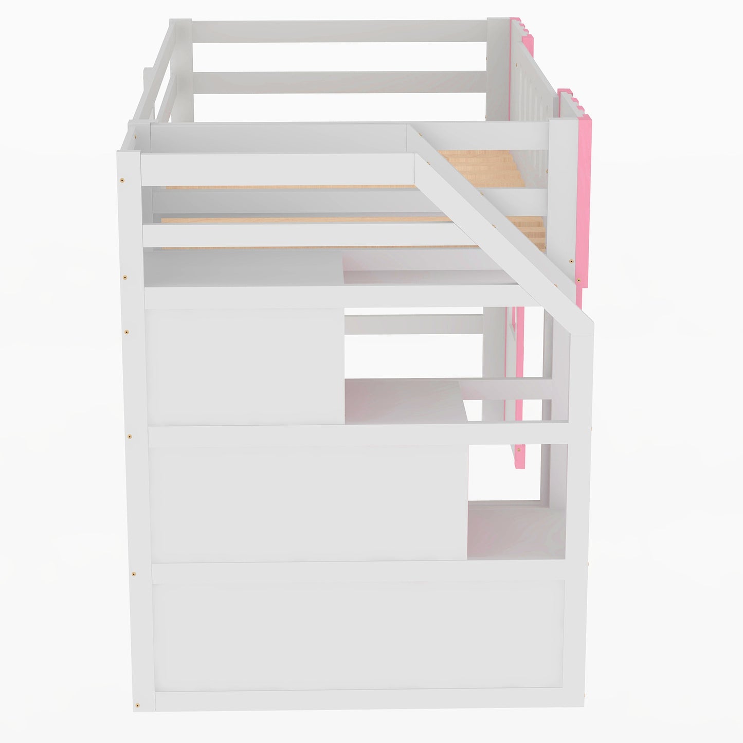 White loft bed with pink accents and integrated stairs