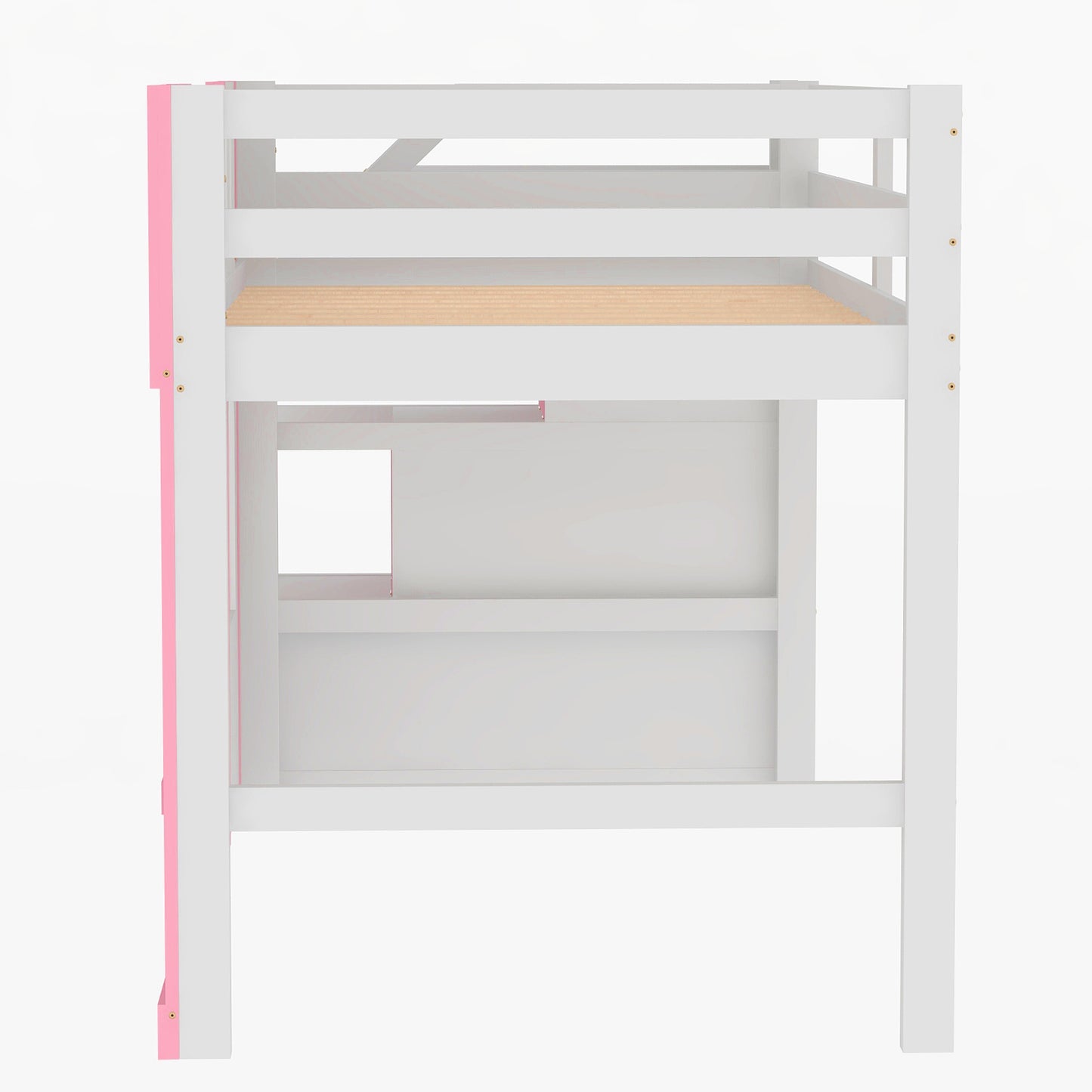 White and pink loft bed with wooden slats on the top bunk