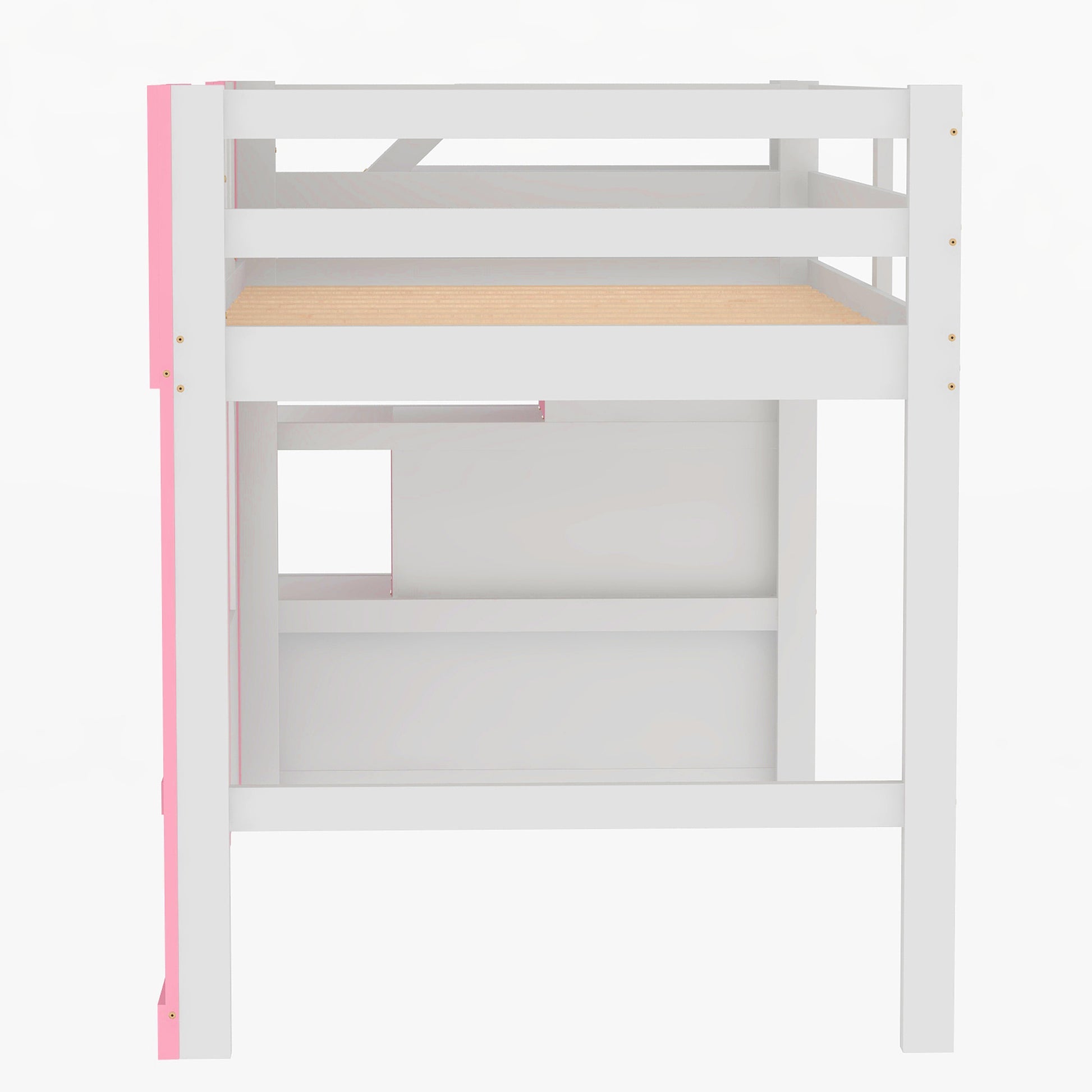 White and pink loft bed with wooden slats on the top bunk