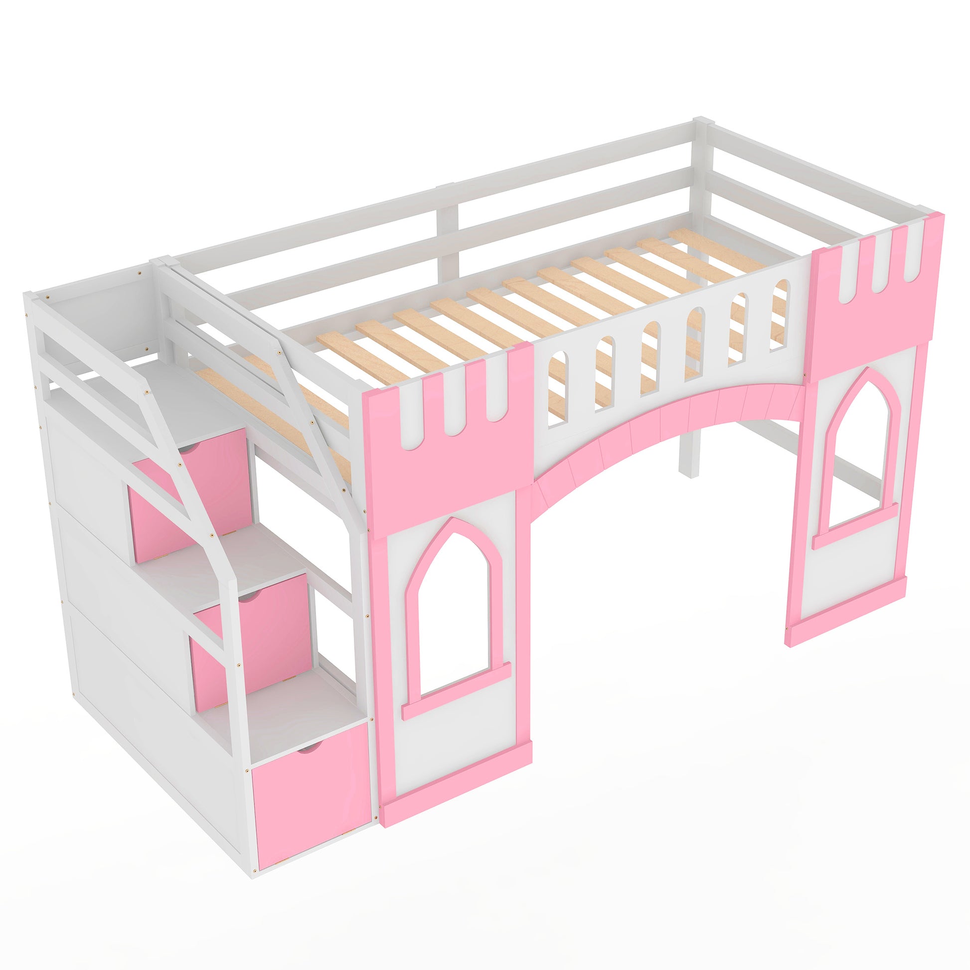 White and pink castle loft bed with stairs and storage drawers