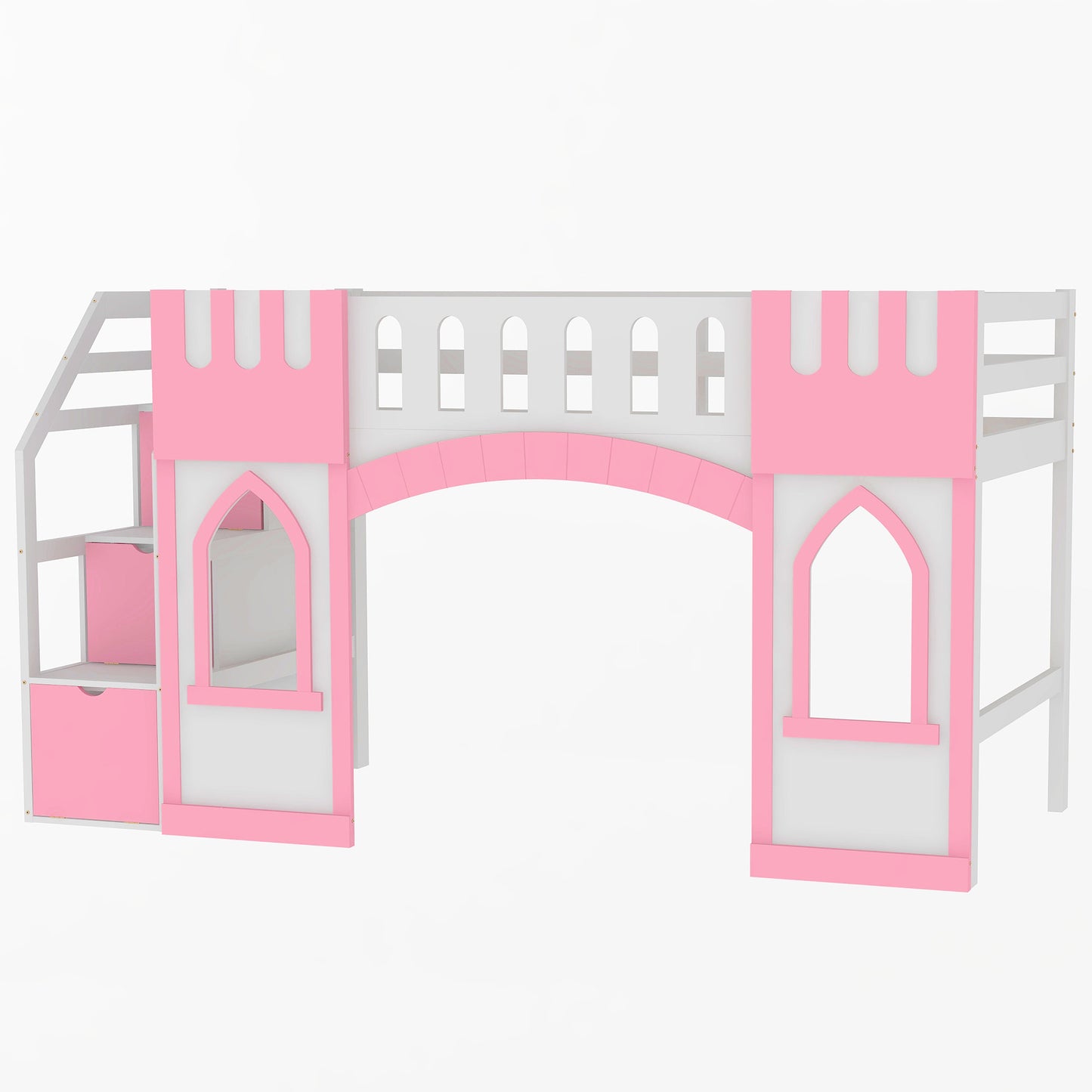 Pink and white castle loft bed with stairs and drawers