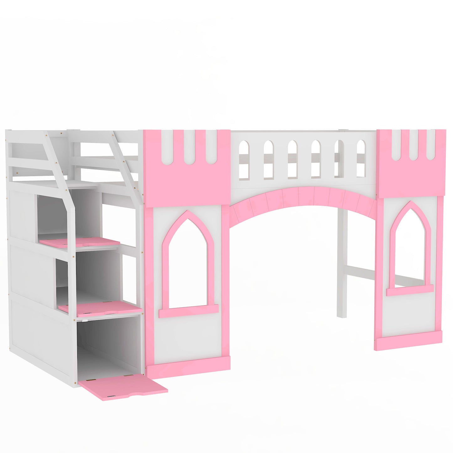 White and pink castle loft bed with ladder and storage shelves
