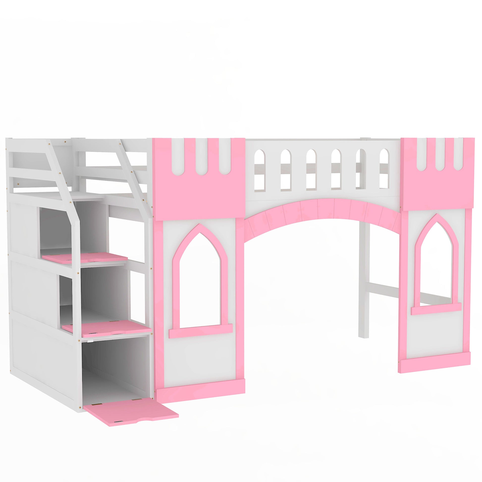 White and pink castle loft bed with ladder and storage shelves