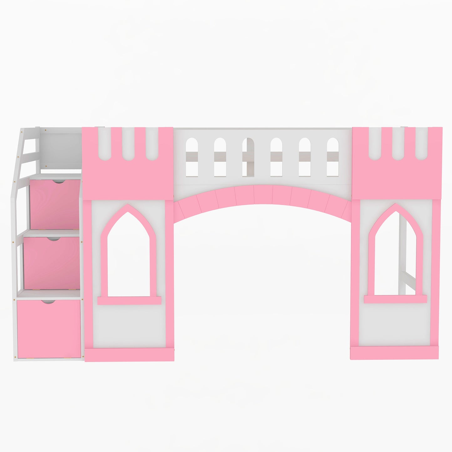 Pink and white castle loft bed with storage drawers