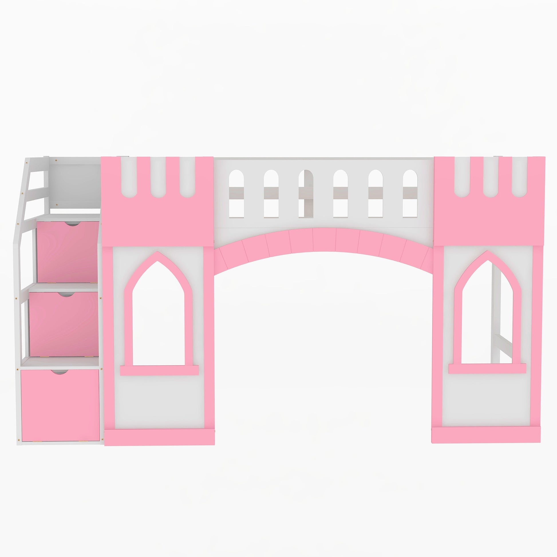Pink and white castle loft bed with storage drawers