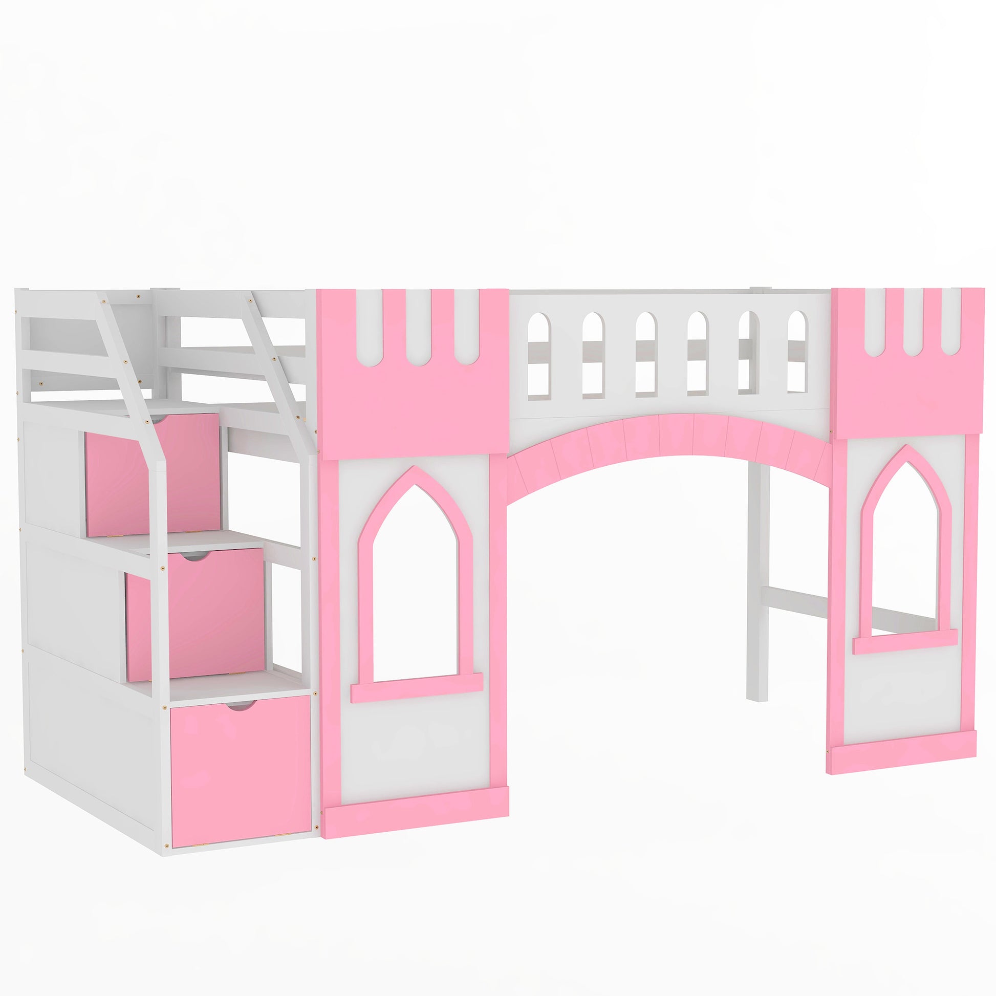 White and pink castle loft bed with drawers and ladder