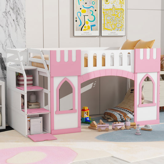 White and pink castle loft bed for kids
