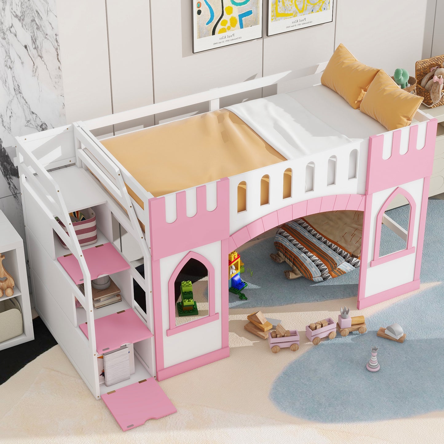 White and pink wooden castle loft bed with slide