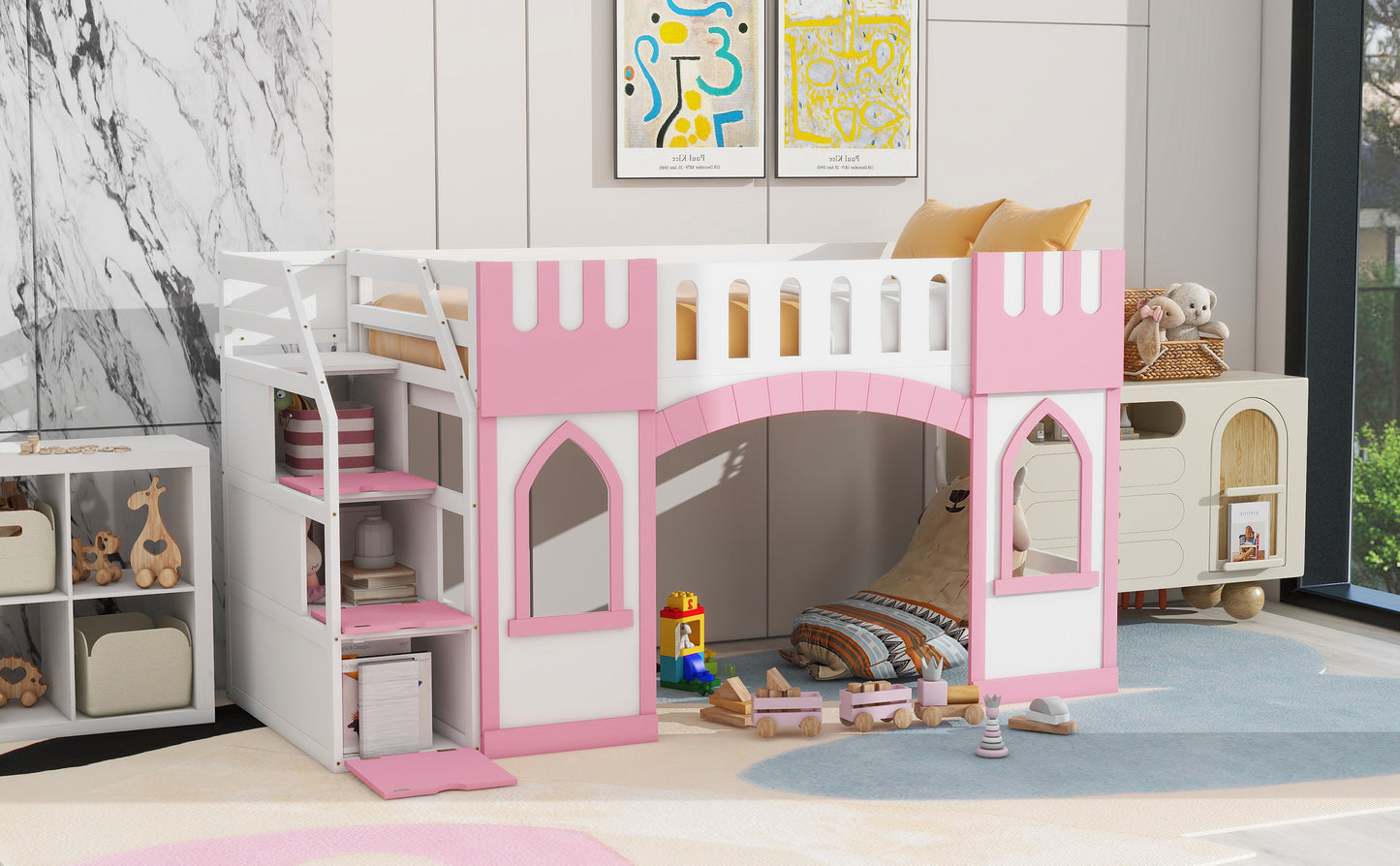 White and pink castle loft bed with slide