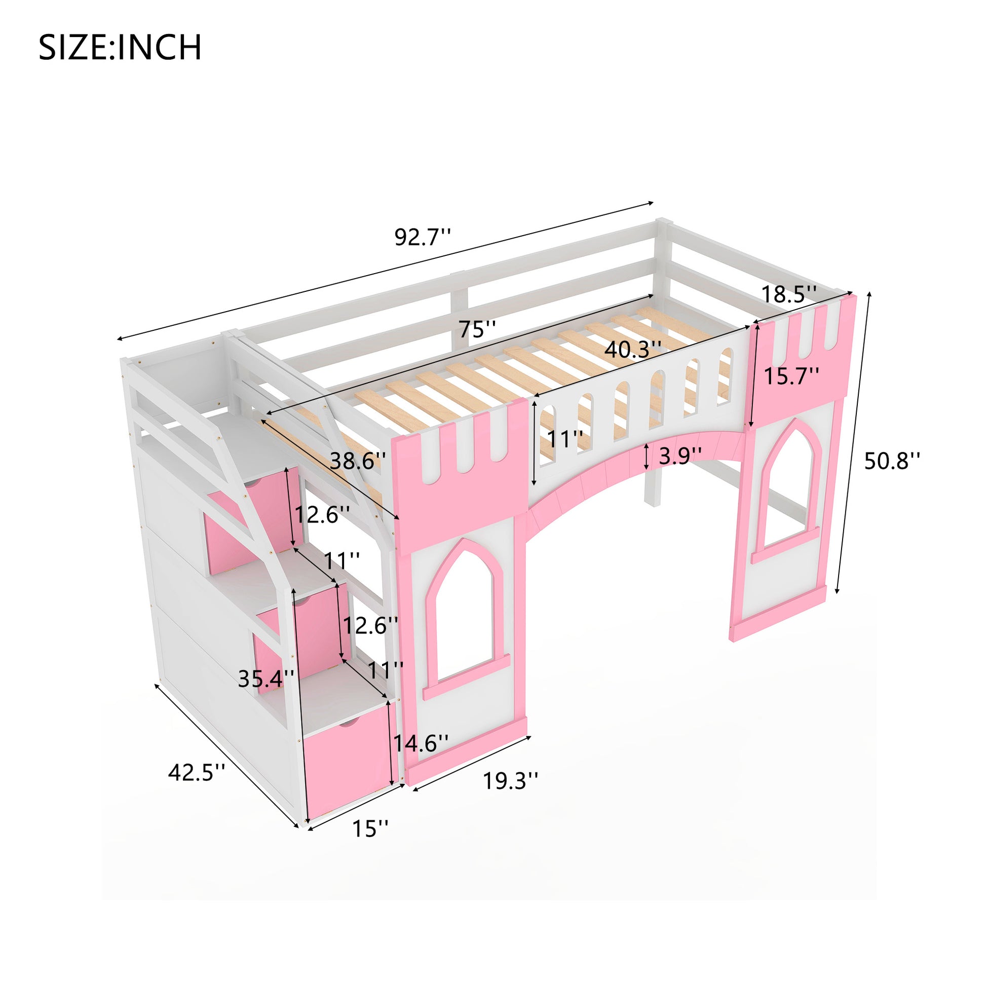White and pink castle loft bed with staircase and storage drawers