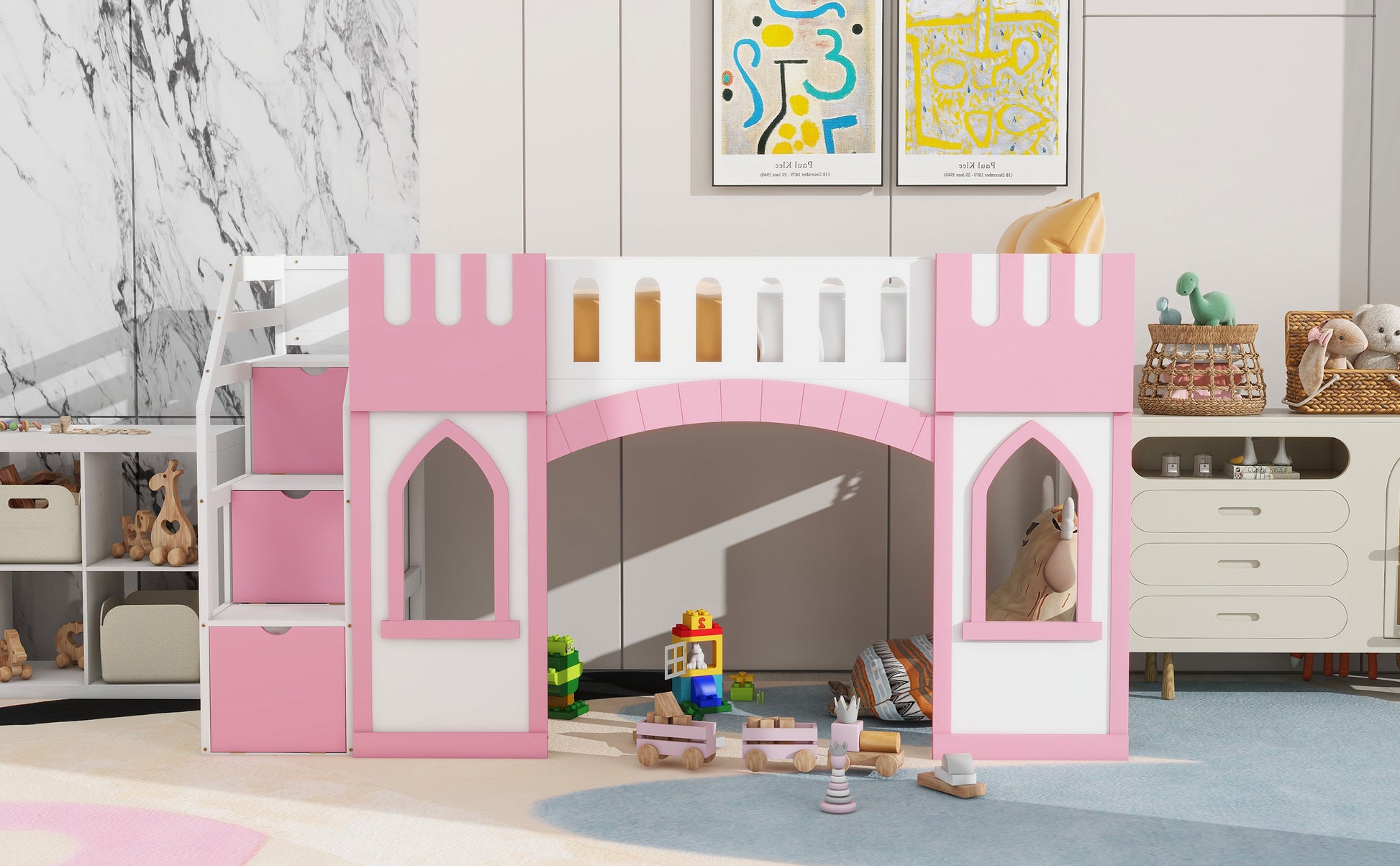 Pink and white castle loft bed with storage shelves