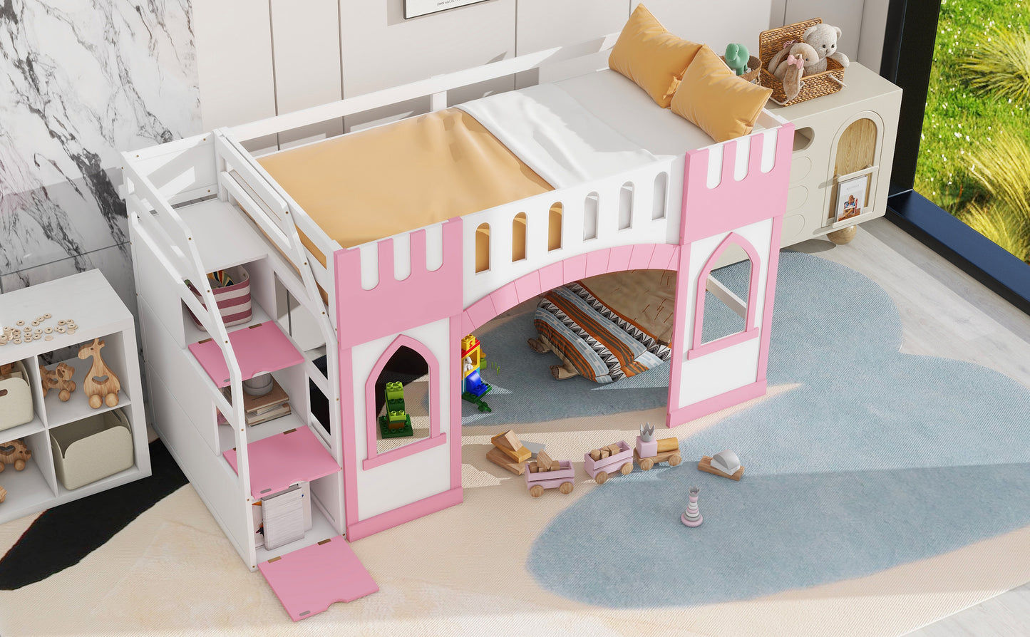 White and pink castle loft bed with stairs and a toddler mattress