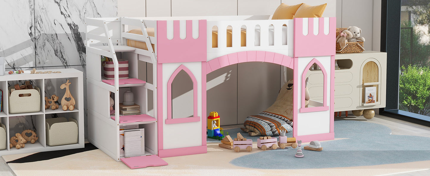 White and pink castle loft bed with ladder and toy train