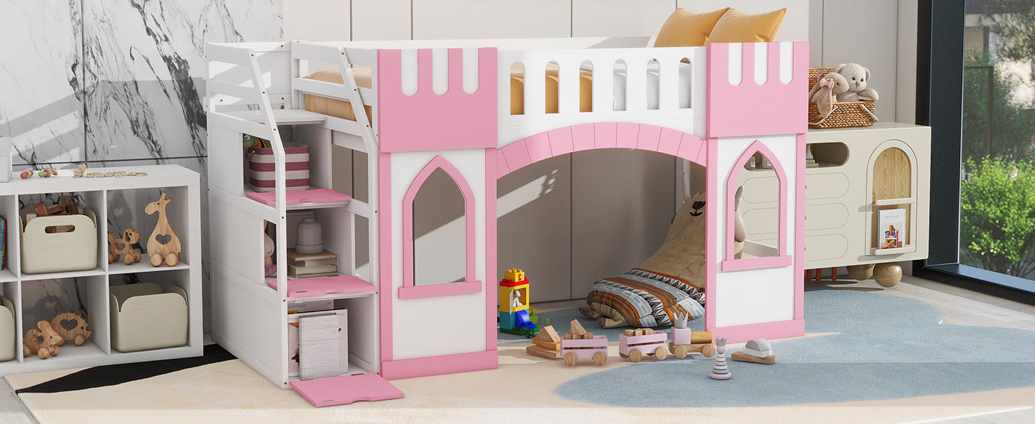 White and pink castle loft bed with ladder and toy train