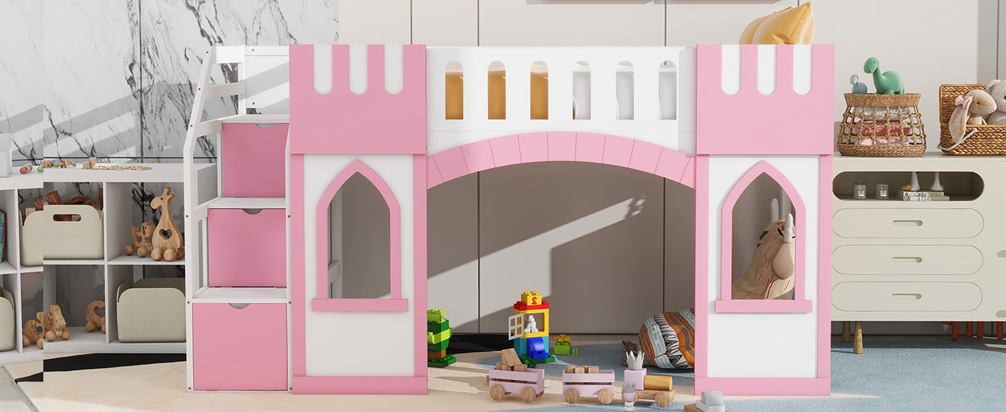 Pink and white castle loft bed for kids with builtin storage