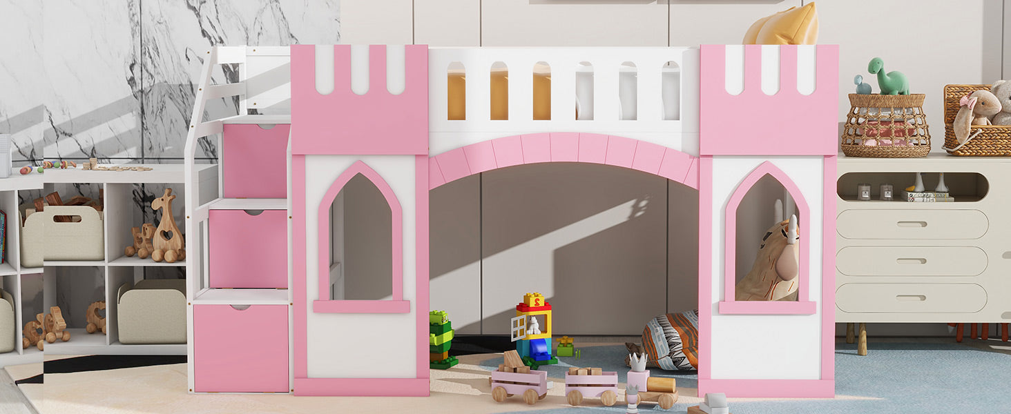 Pink and white castle loft bed for kids with builtin storage