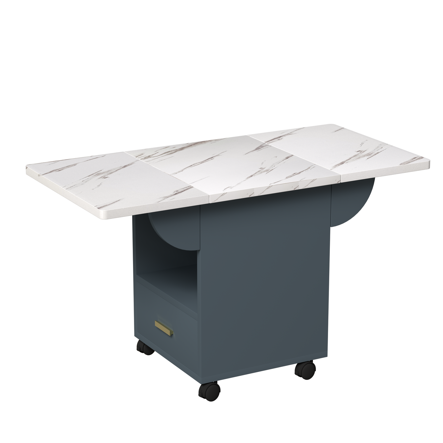 Expandable dining table with white marblelook top and dark gray base