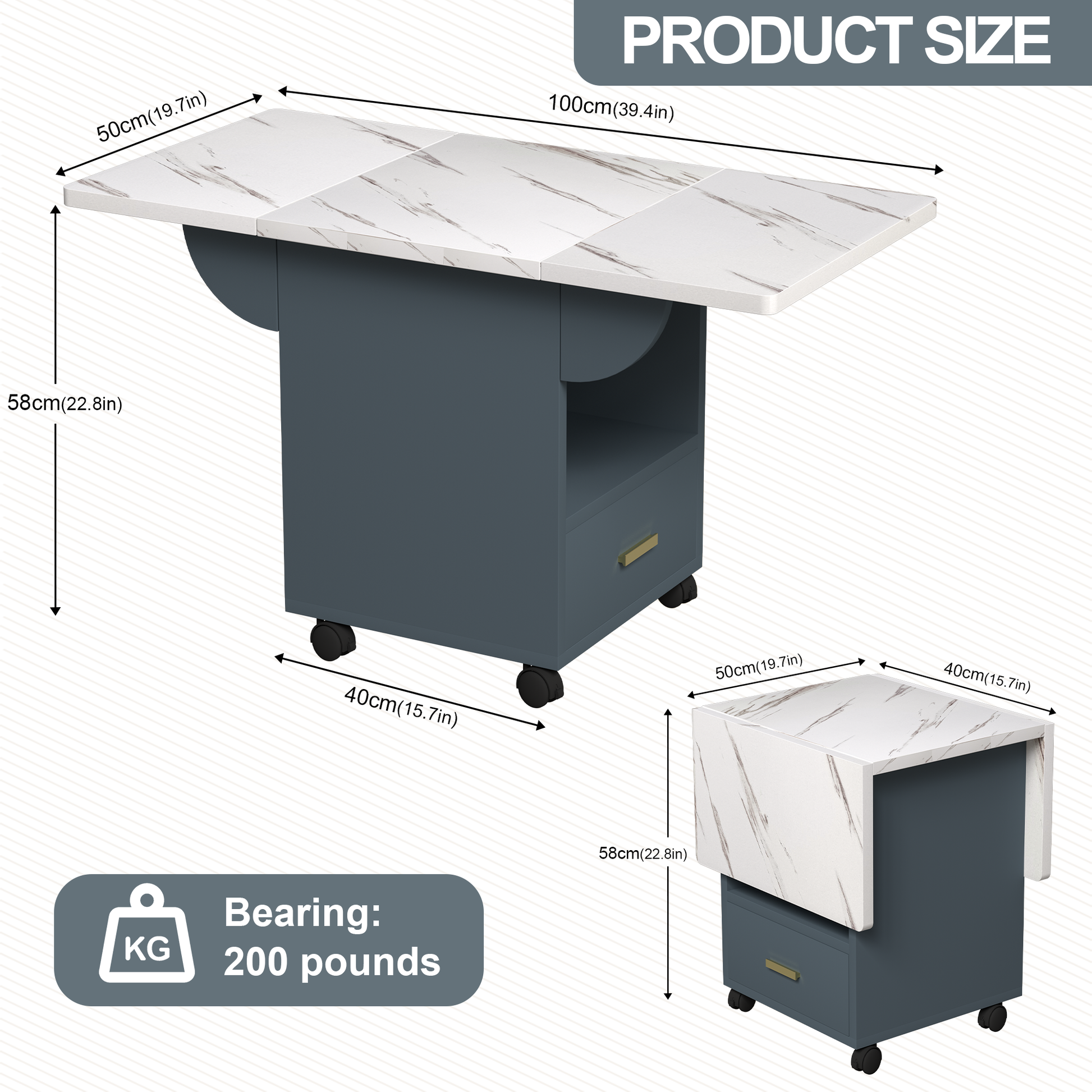 Marbletop dropleaf dining table with gray base and casters