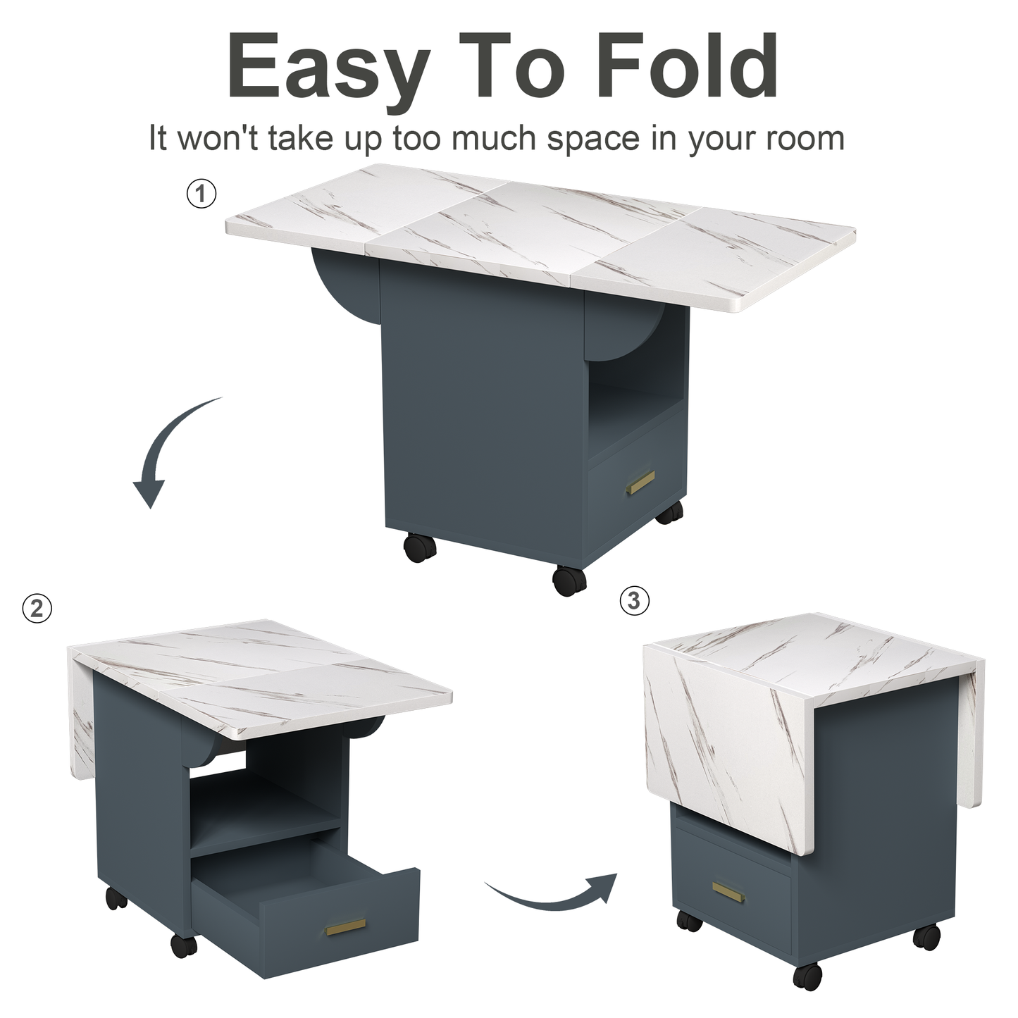 Compact rolling dining table with white marble top and navy base