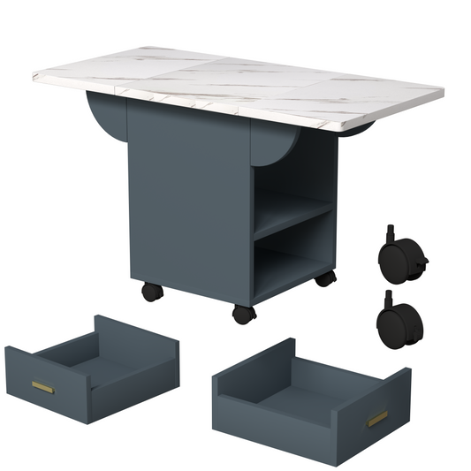 Marble top folding dining table with blue base and wheels