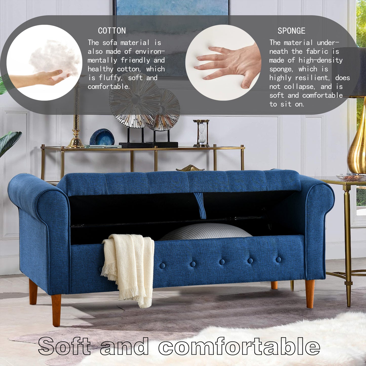 Storage Ottoman with Tufted Buttons and Rolled Arms - Blue