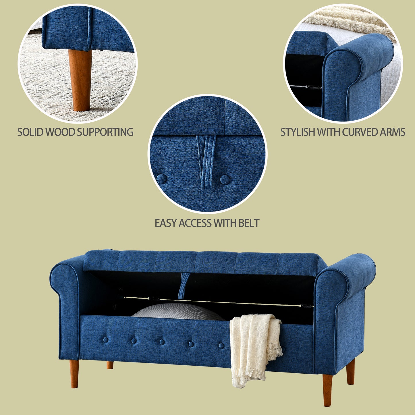 Blue tufted storage bench with wooden legs and rolled arms