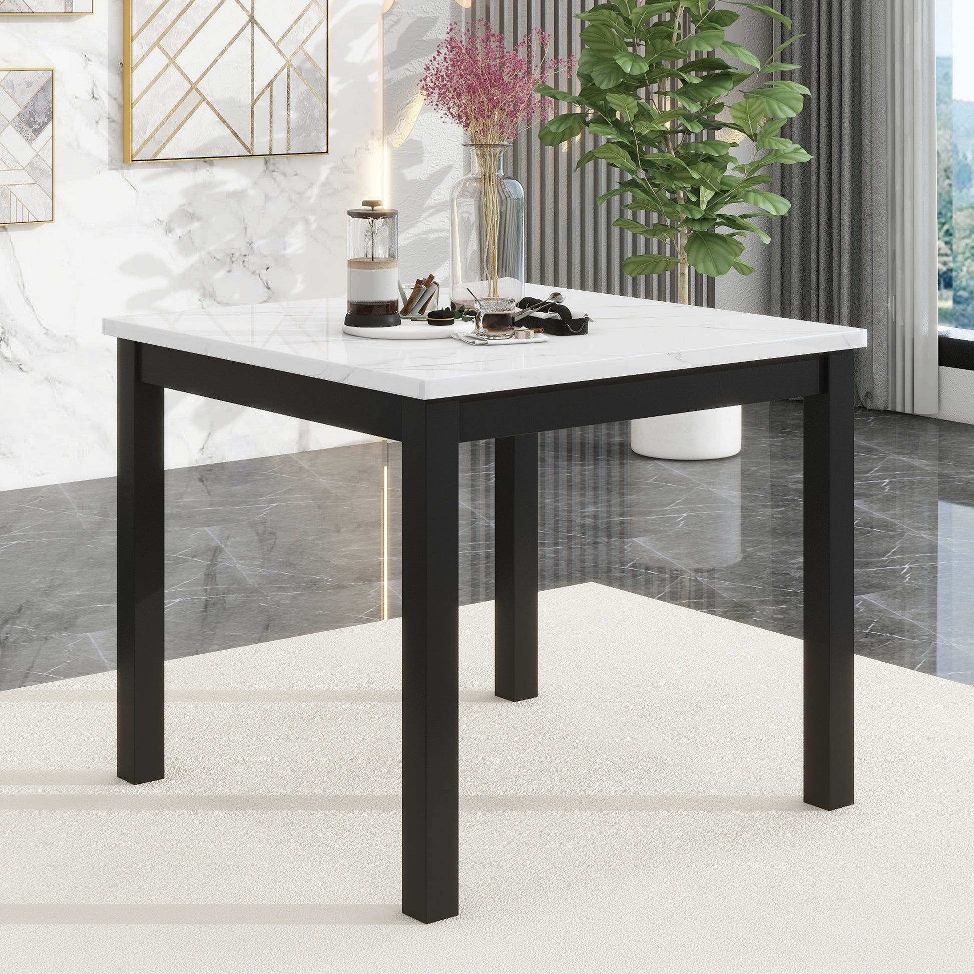 Modern white marble top dining table with black metal legs