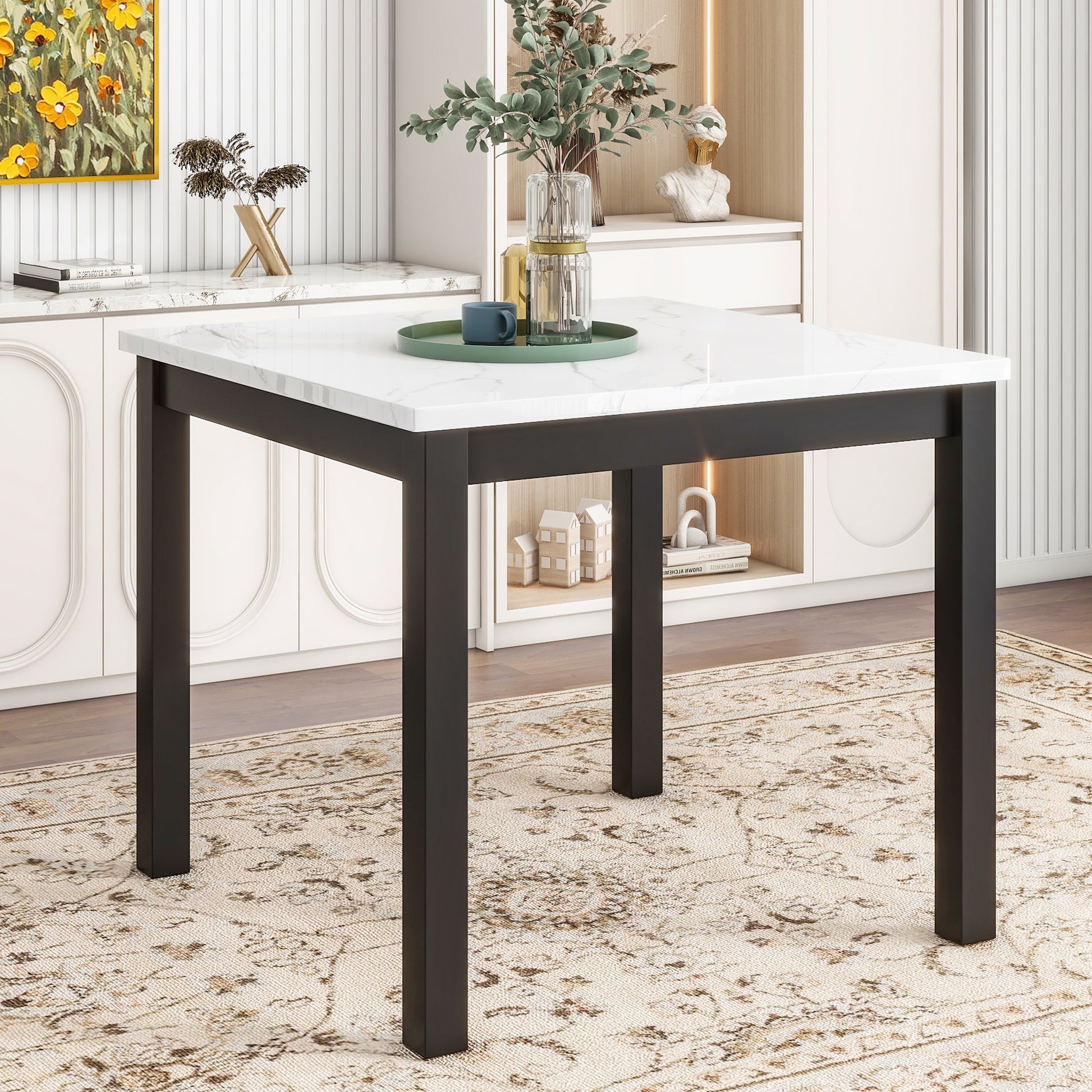 Square dining table with white marble top and black metal legs