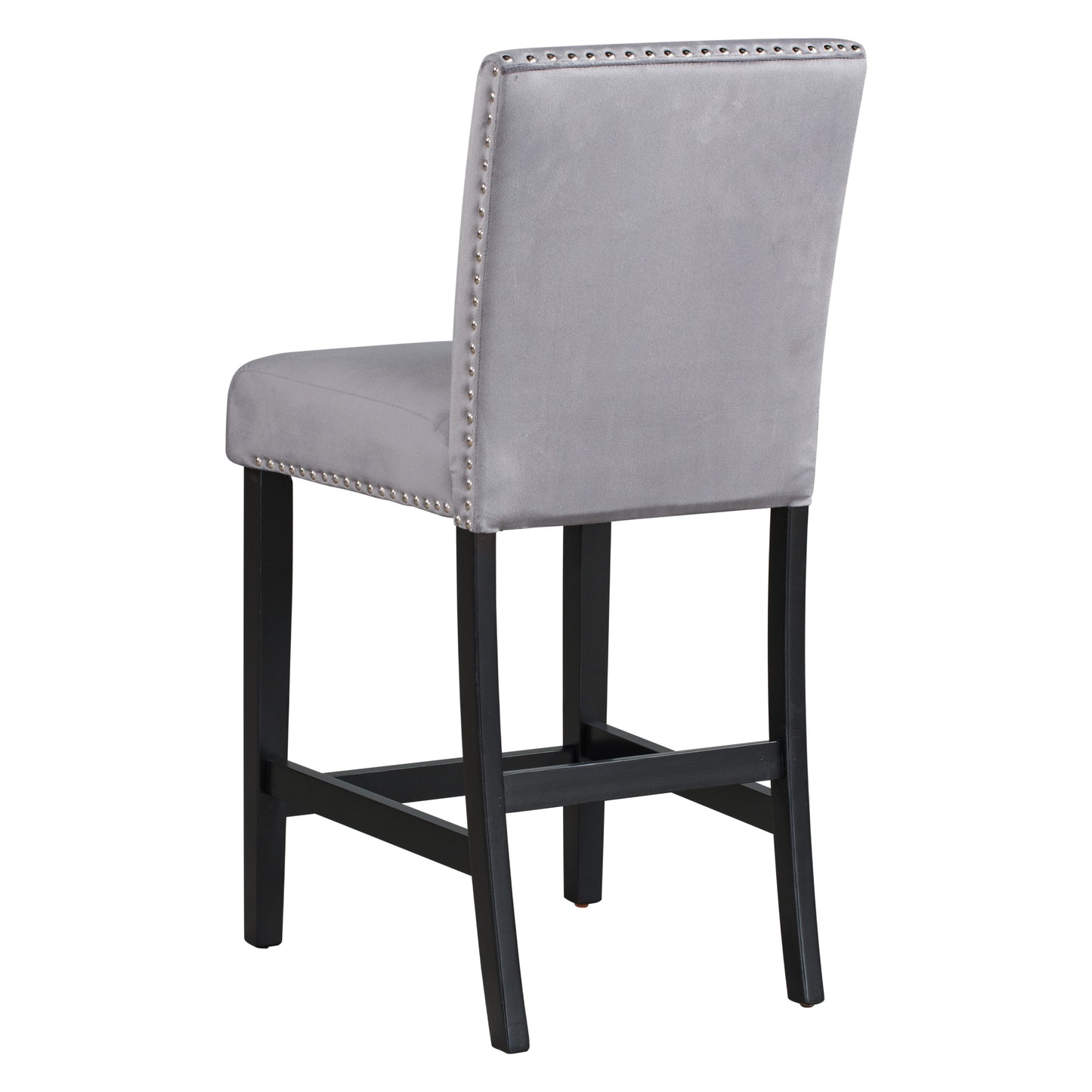 Gray velvet bar stool with studded trim and dark wood legs