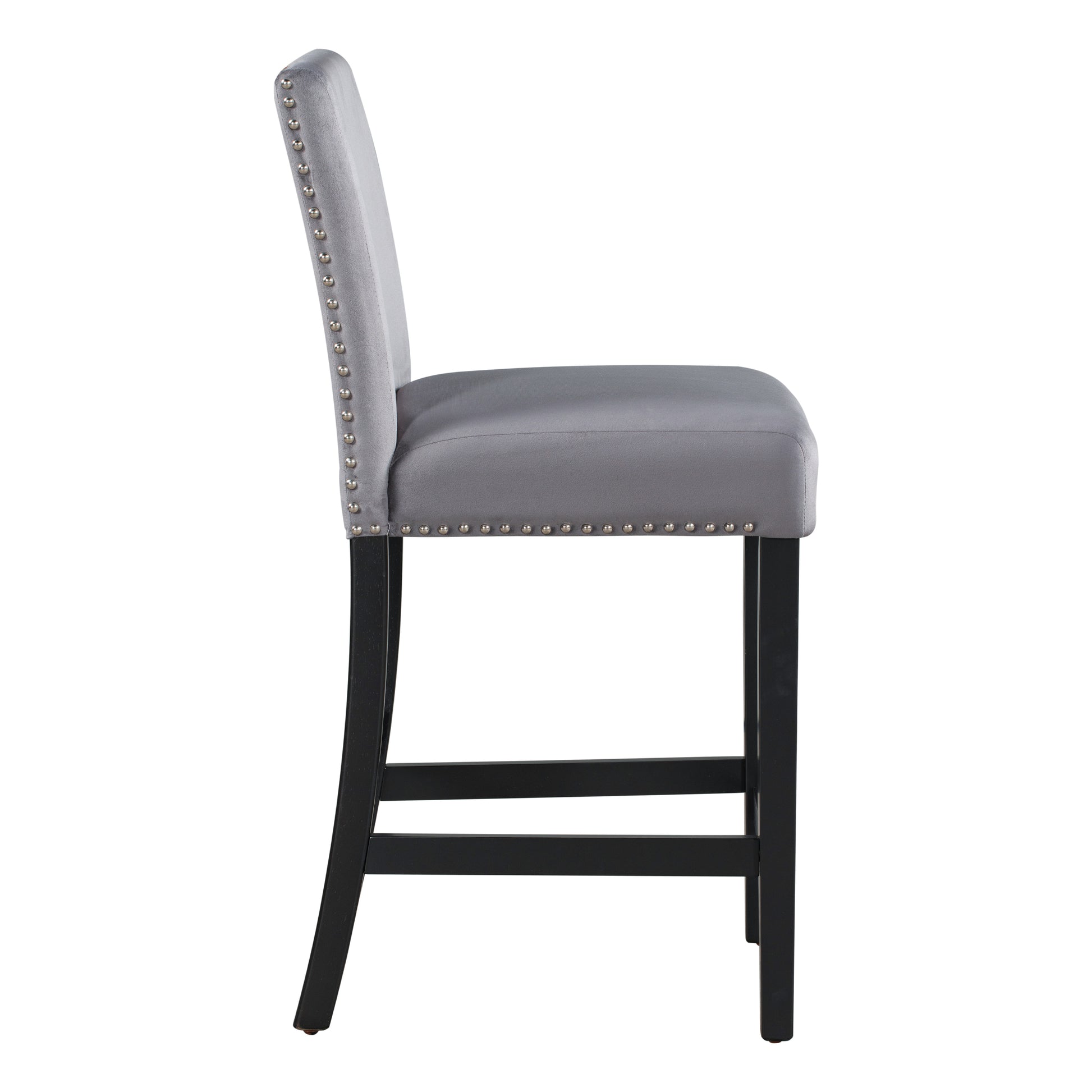 Grey velvet bar stool with silver nailhead trim and dark wood legs