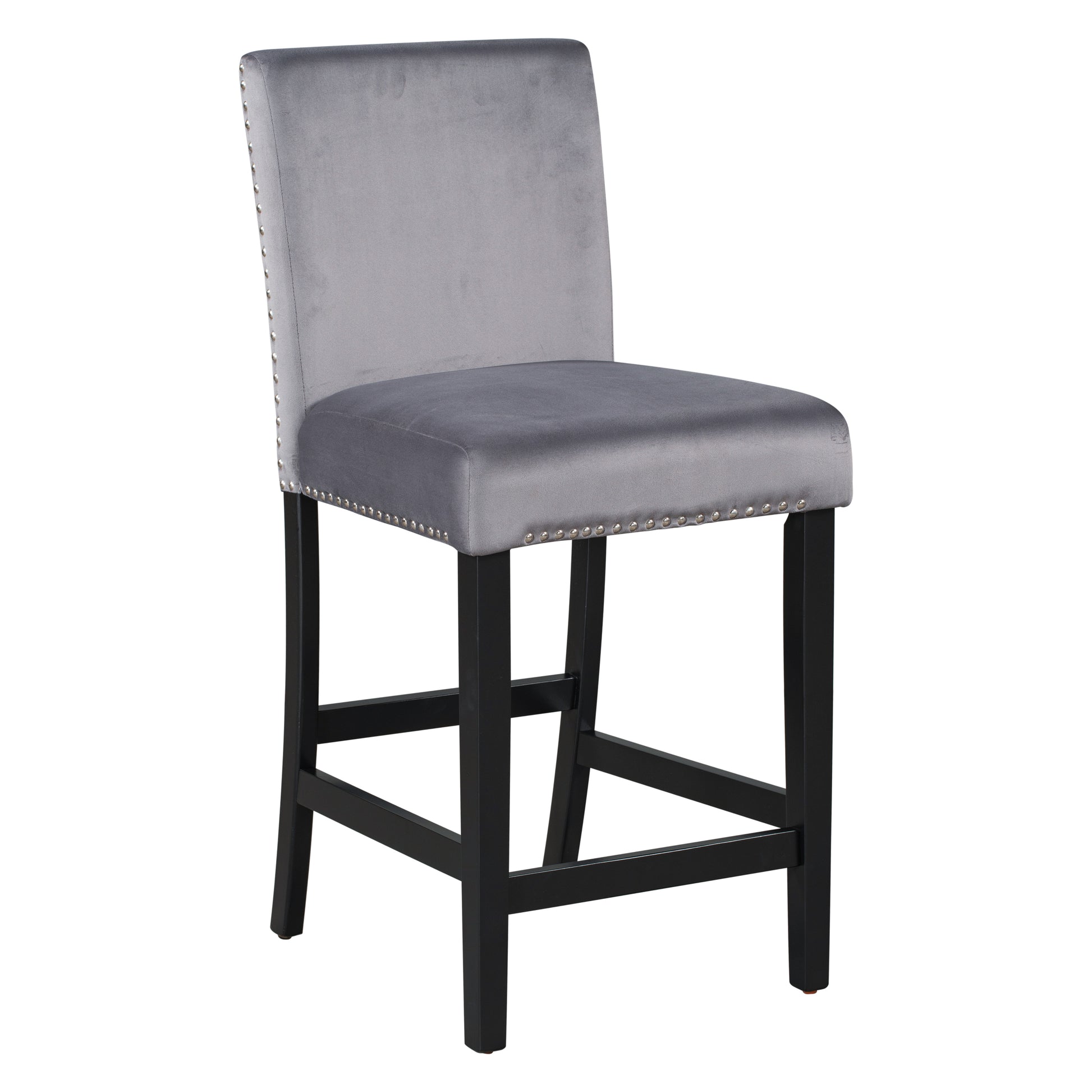 Grey velvet bar stool with nailhead trim and black wooden legs