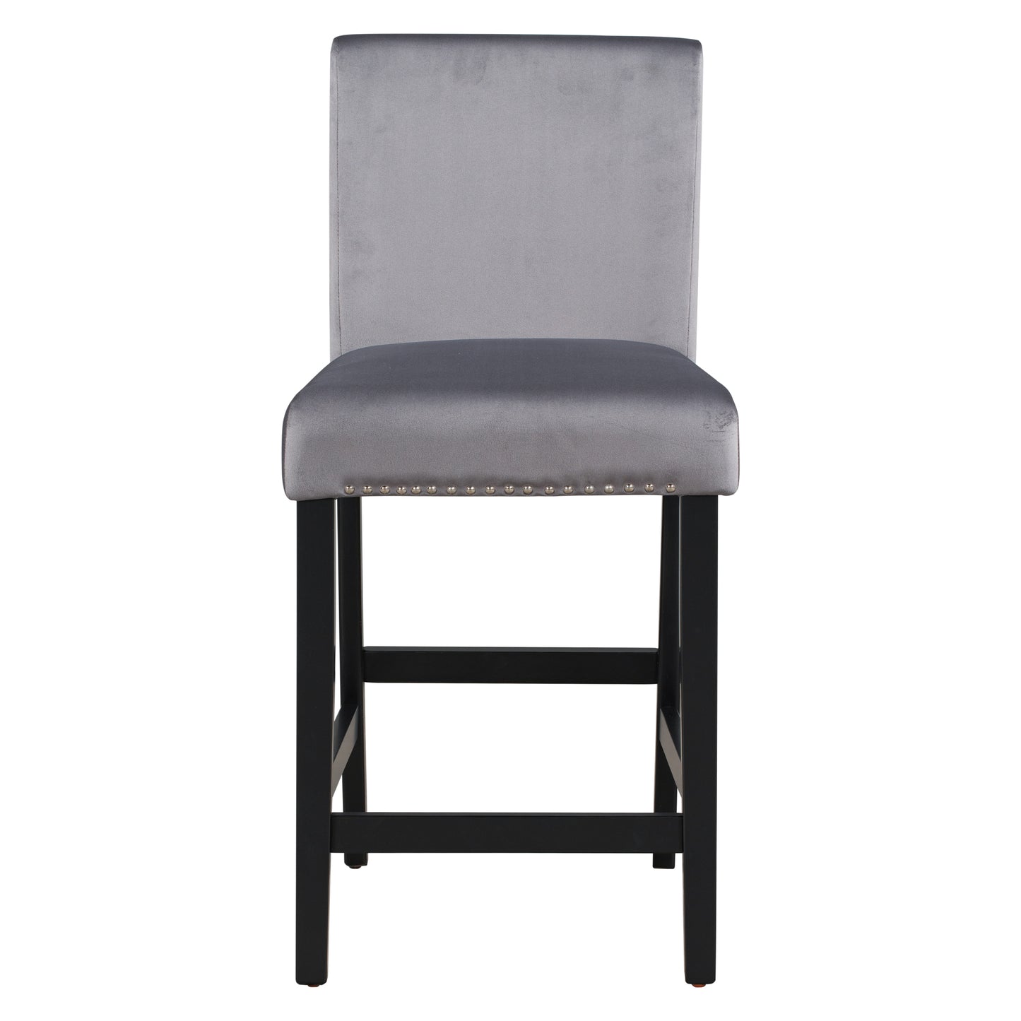 Grey velvet bar stool with silver nailhead trim and black wooden legs