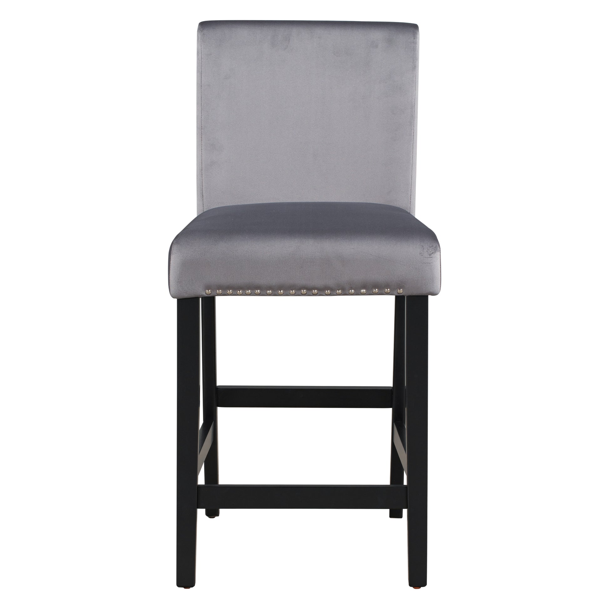 Grey velvet bar stool with silver nailhead trim and black wooden legs