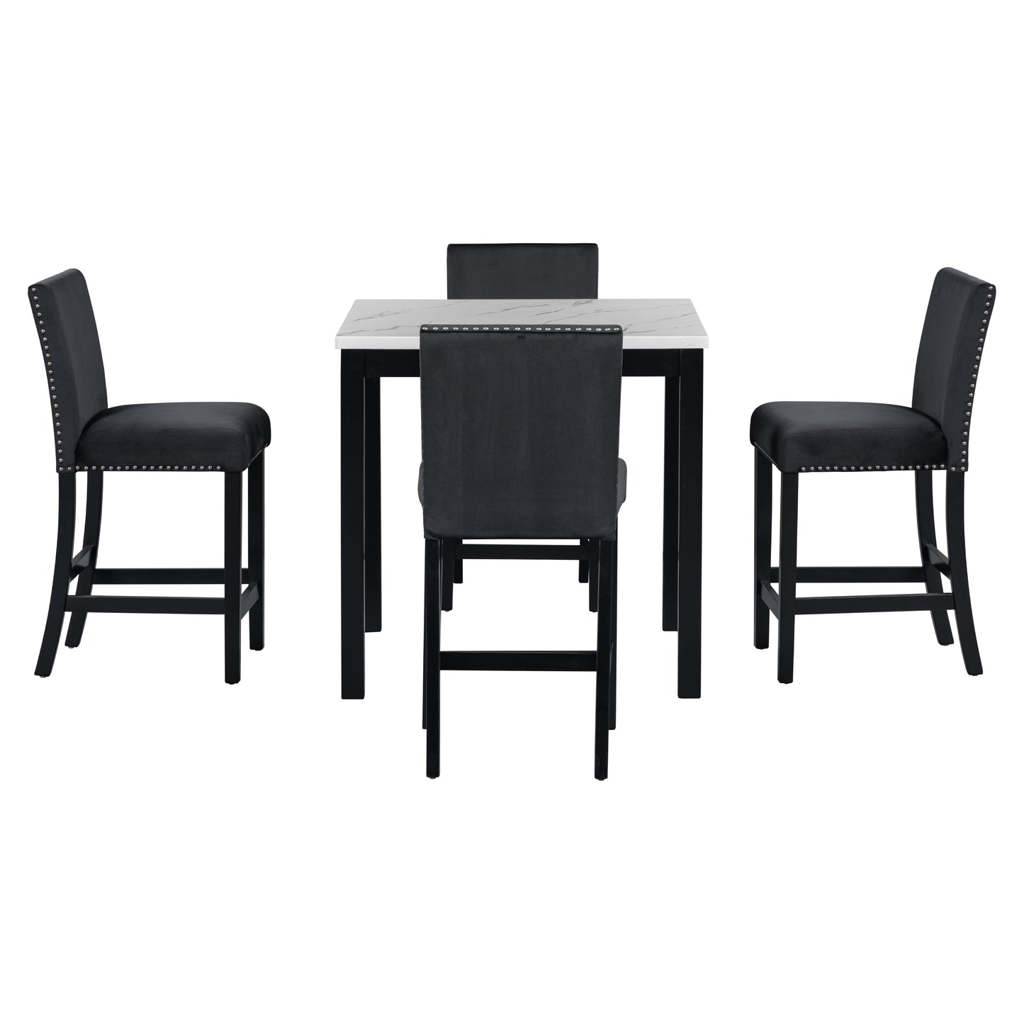 Black velvet bar stools with silver nailhead trim surround a white marbletop bar table