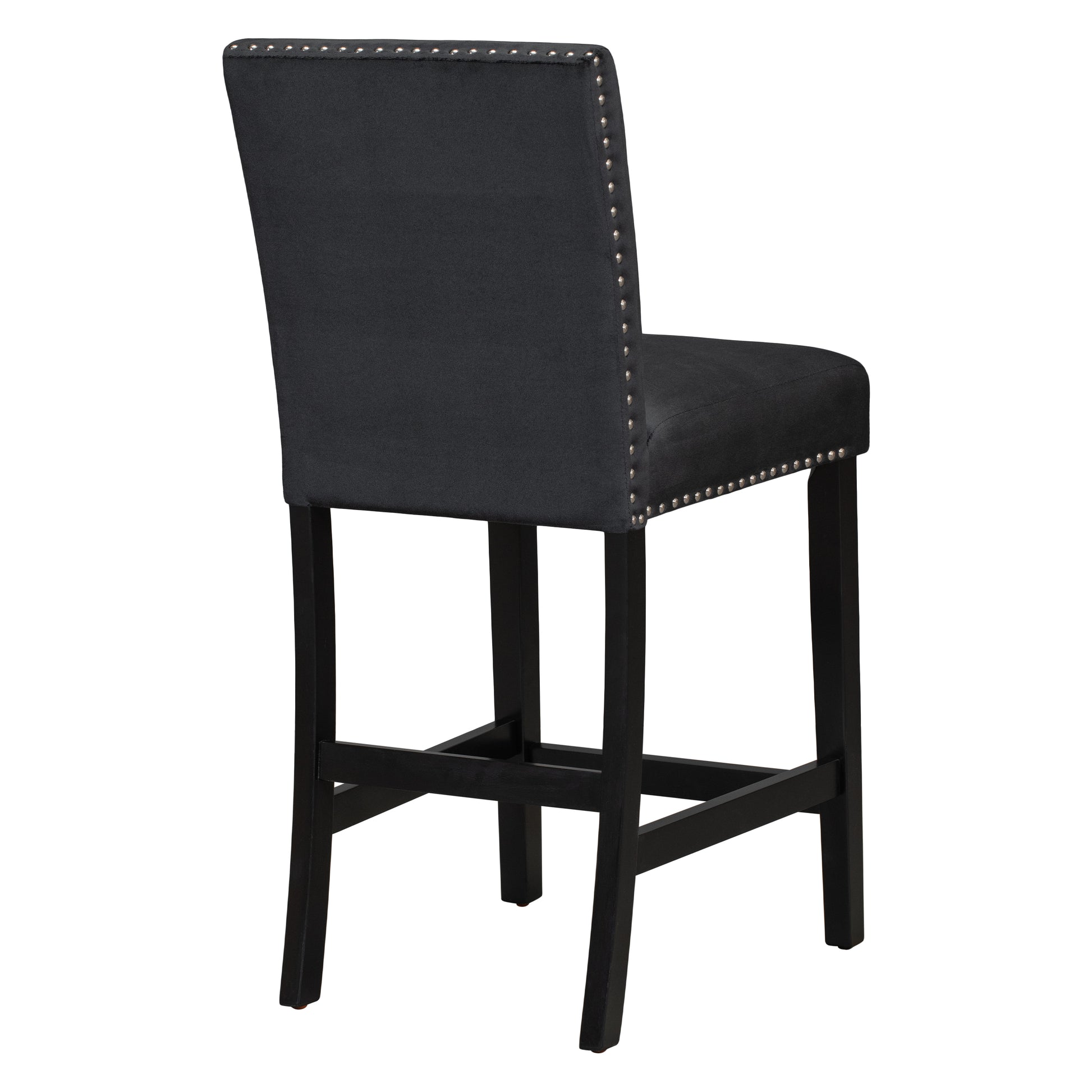 Black fabric bar stool with silver nailhead trim and dark wood legs