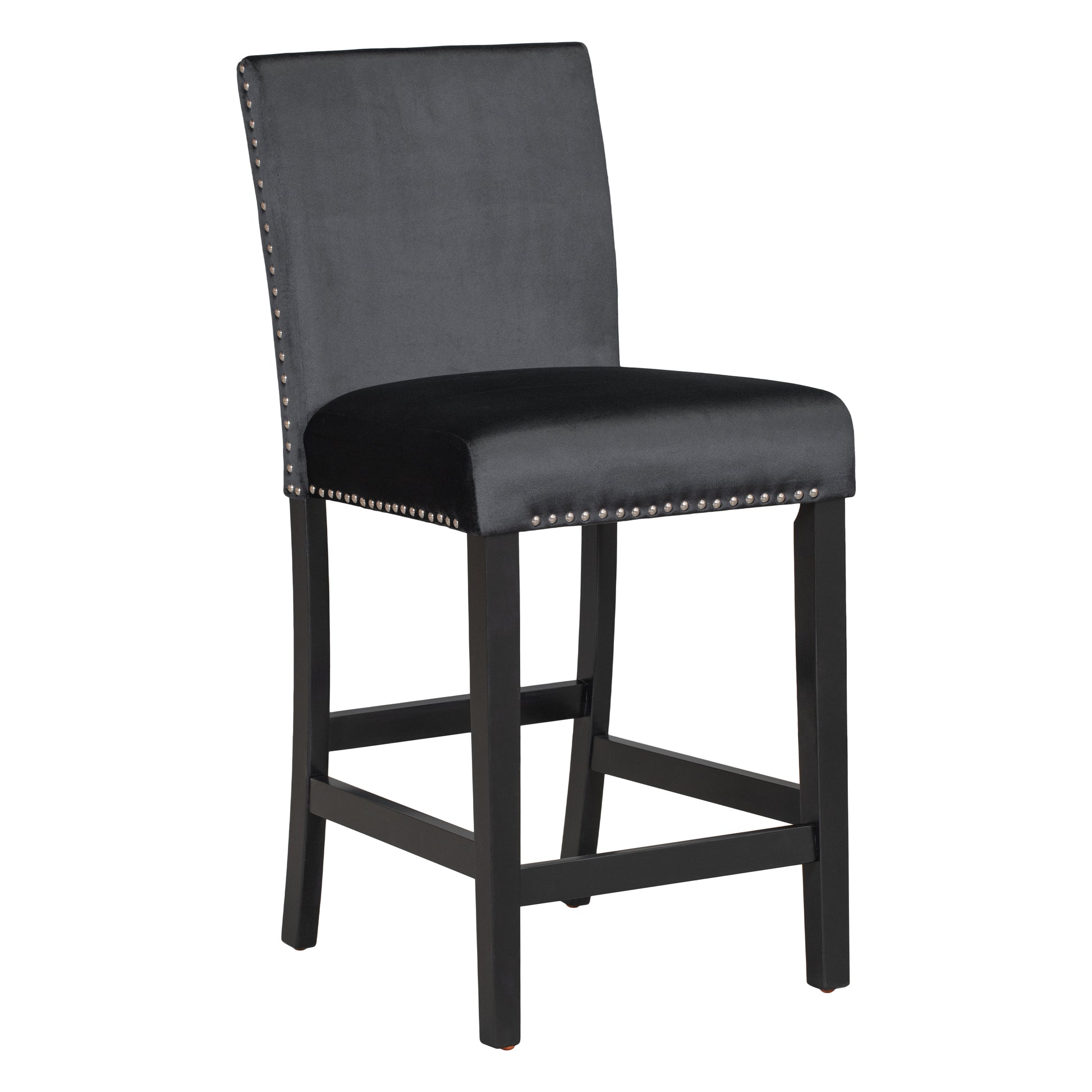 Dark gray velvet bar stool with studded trim and black wooden legs