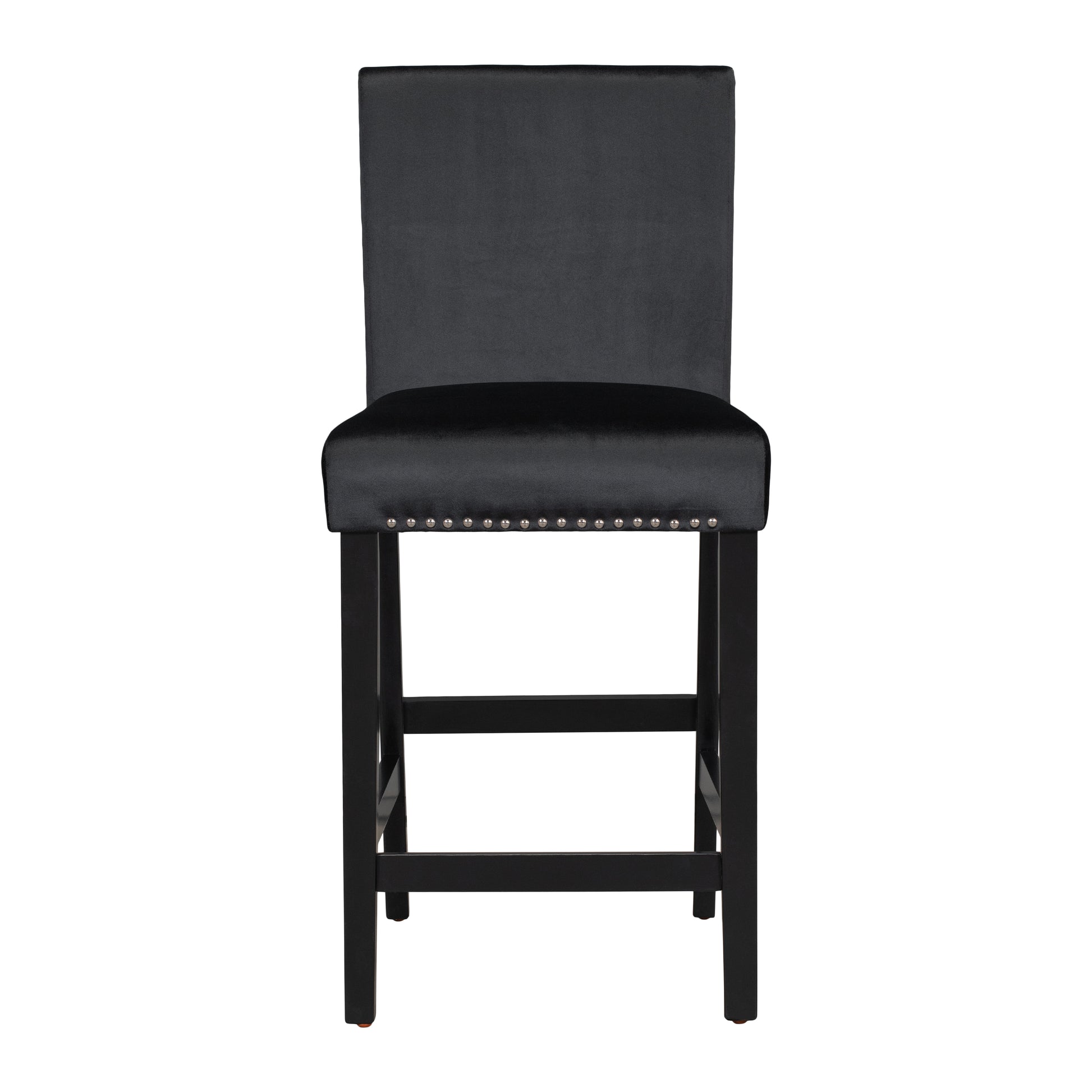 Black velvet bar stool with silver nailhead trim and wooden legs
