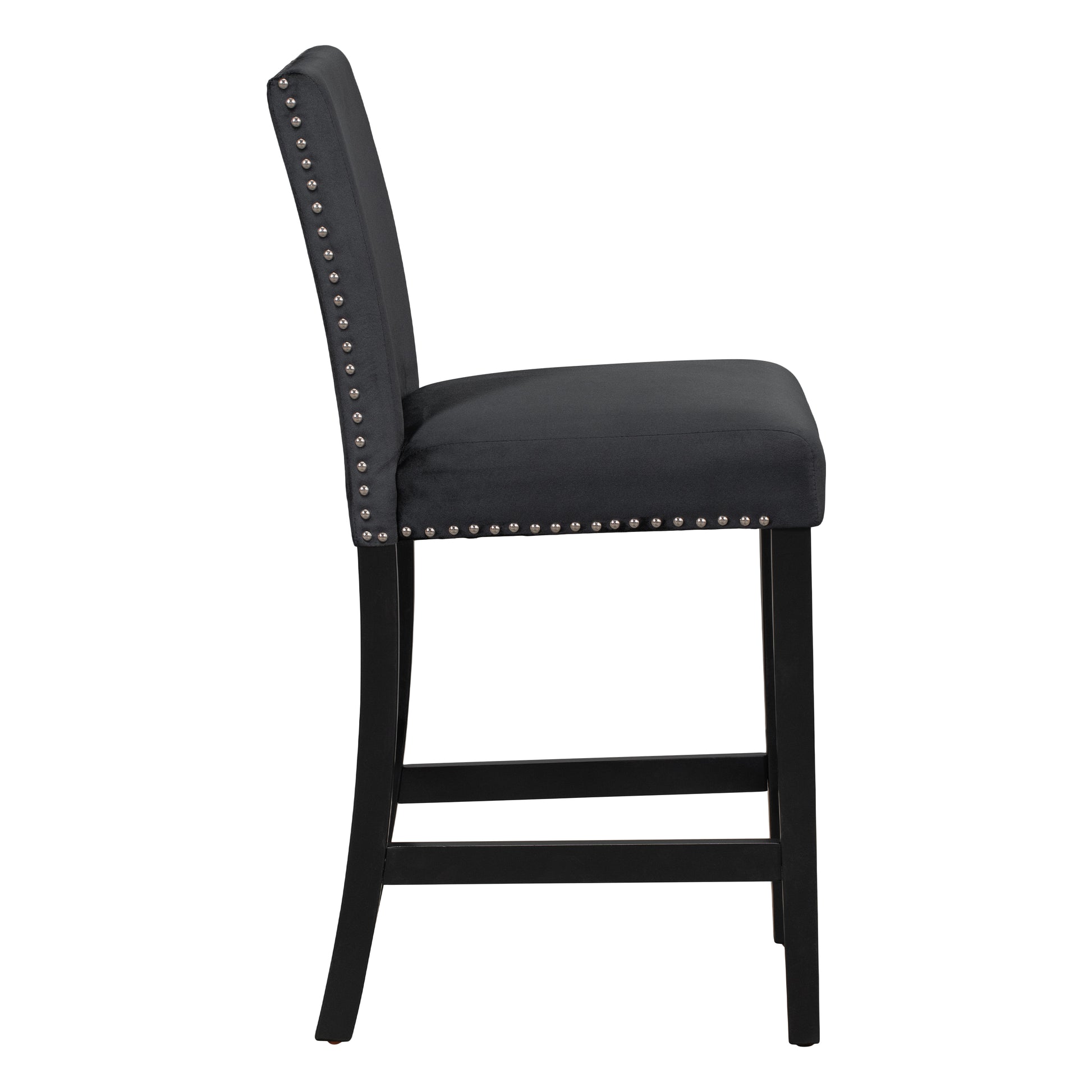 Dark grey velvet bar stool with silver nailhead trim and black wooden legs