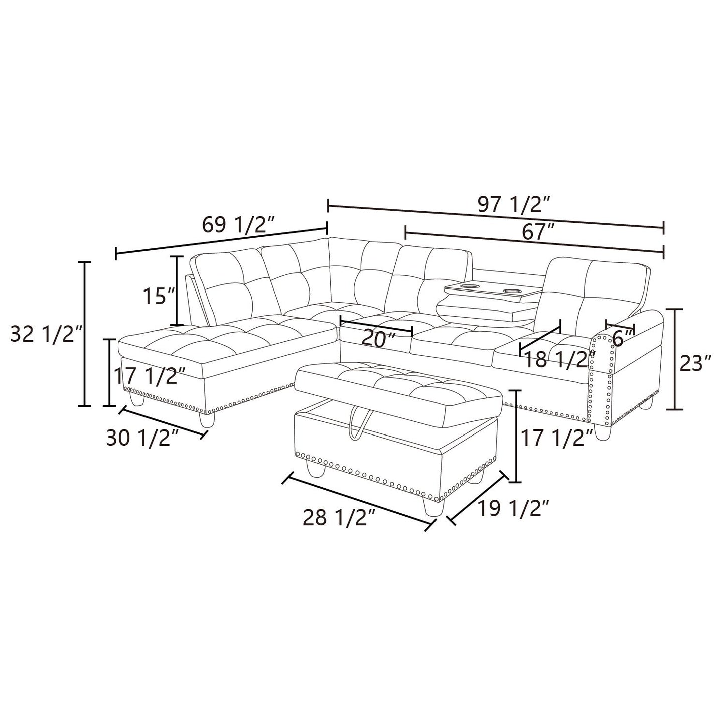 Unbuttoned leather sectional sofa with chaise and ottoman dimensions