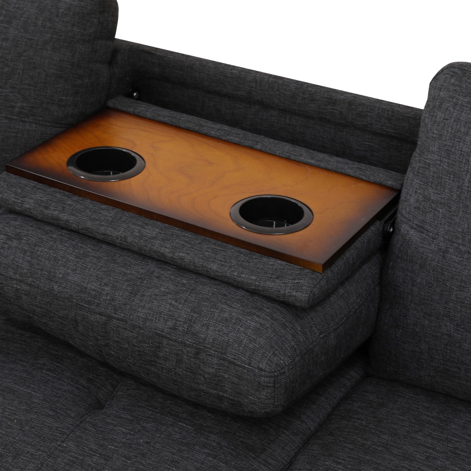 Gray fabric sofa with wooden cup holder tray for home theater