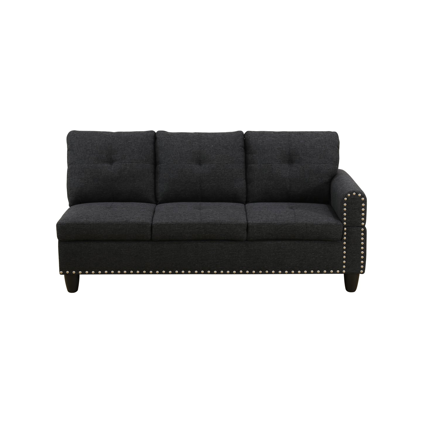 Gray tufted sofa with nailhead trim for living room