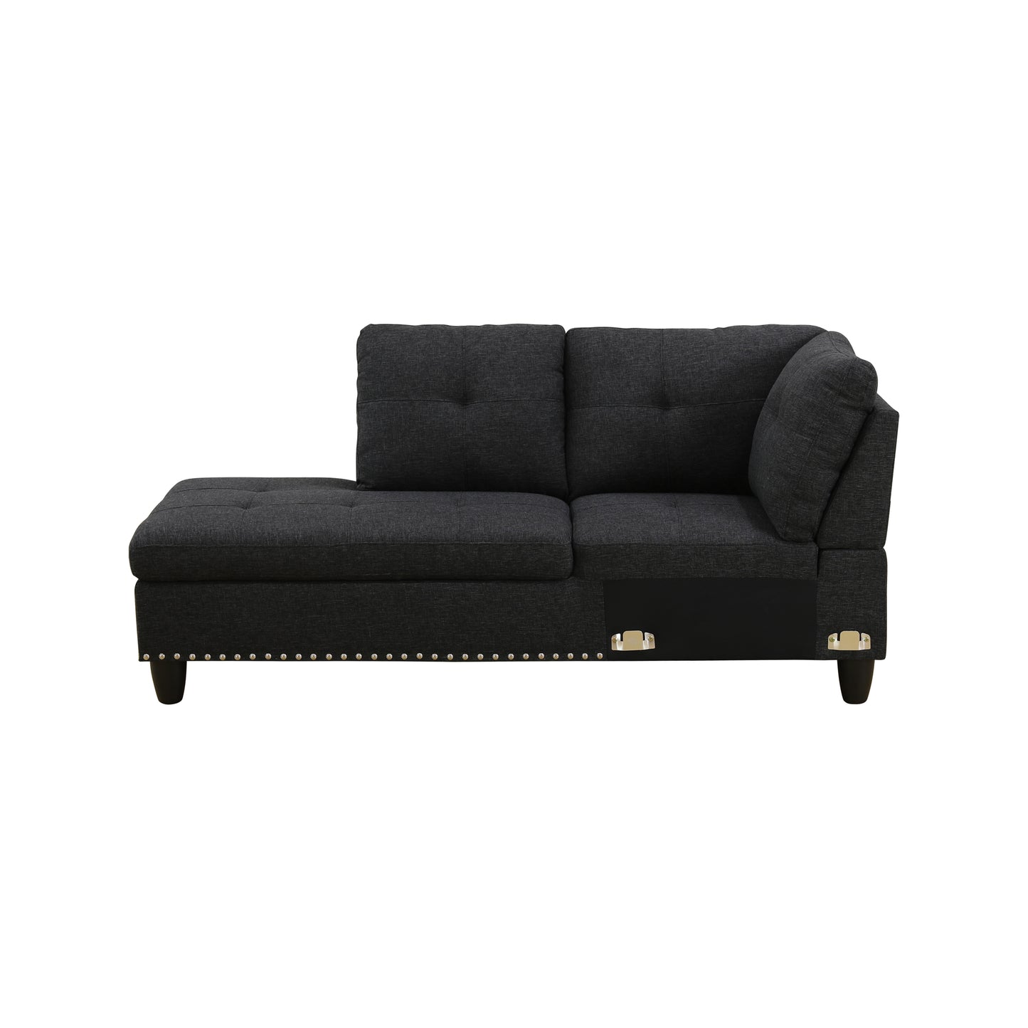 Dark gray tufted sectional sofa with metallic studs for modern living room