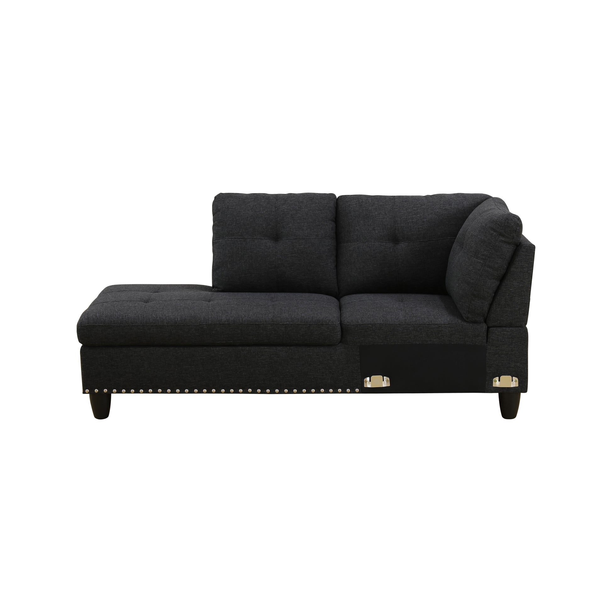 Dark gray tufted sectional sofa with metallic studs for modern living room