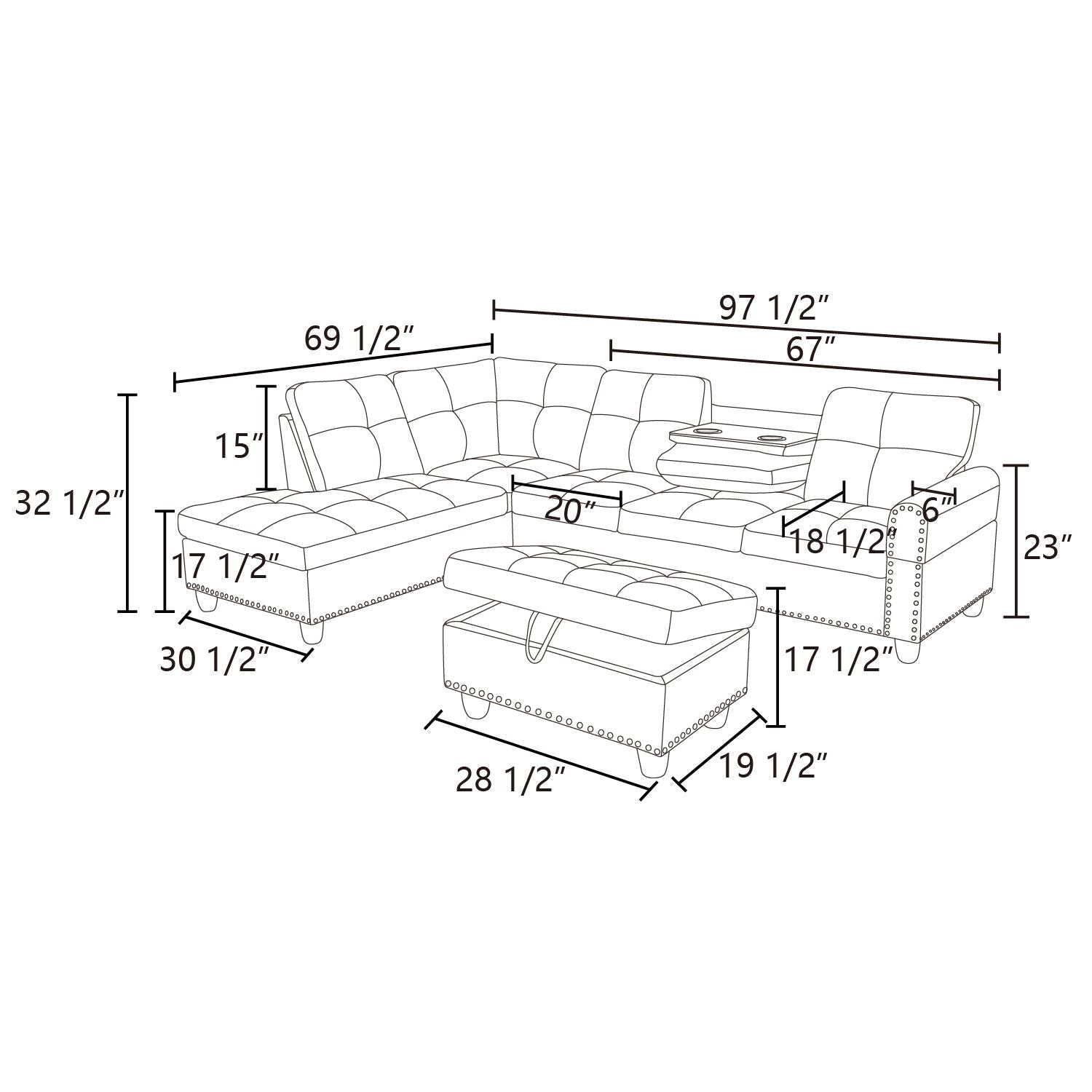 Lshaped tufted leather sectional sofa with ottoman dimensions for living room