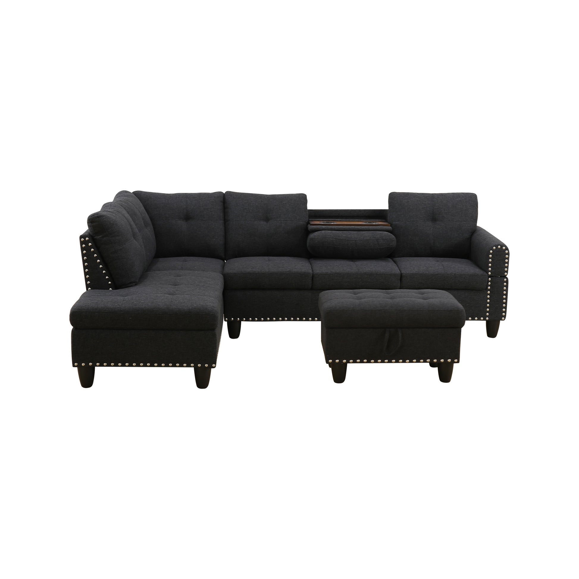 Dark grey tufted sectional sofa with ottoman nailhead trim modern living room seating
