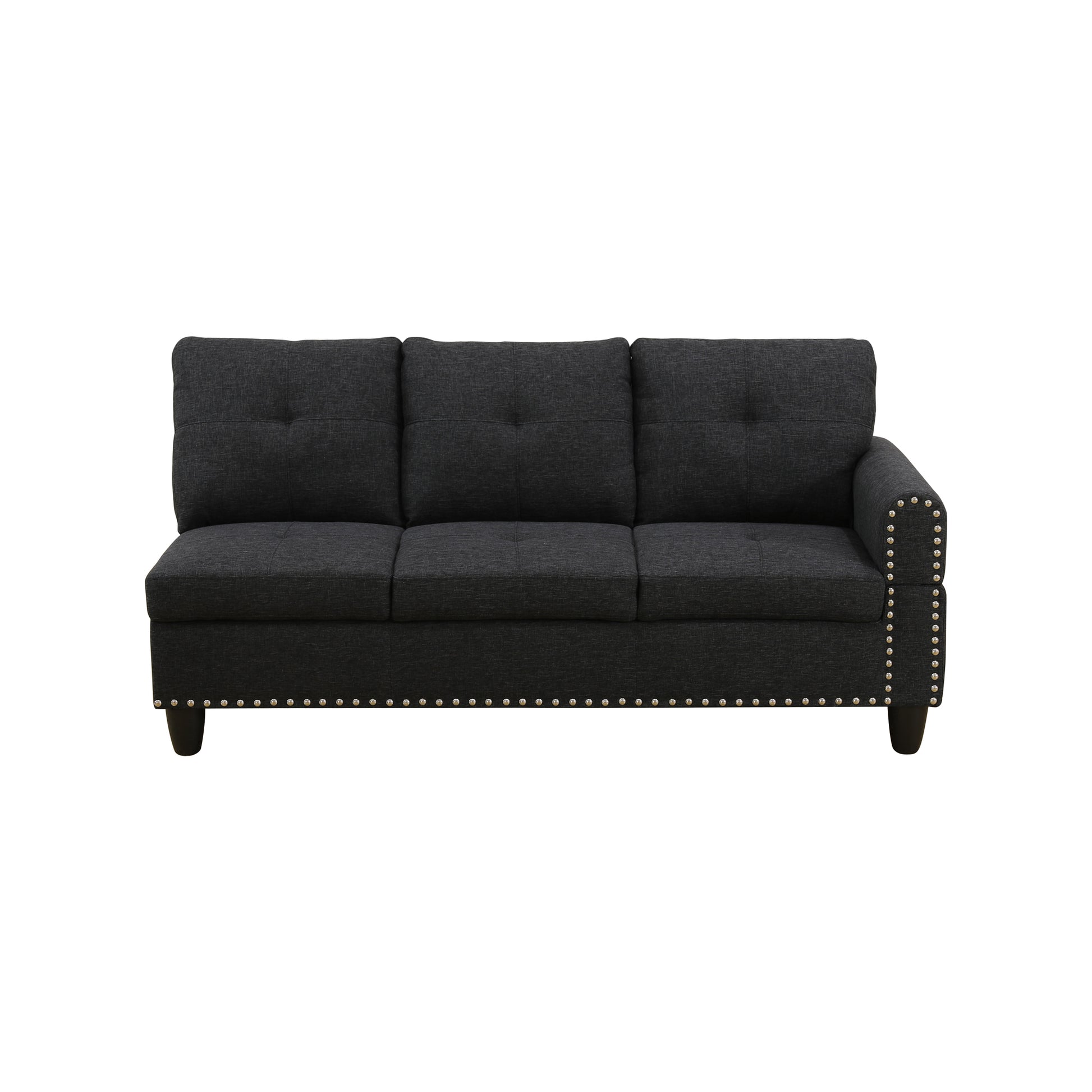 Dark gray tufted threeseat sofa with nailhead trim for living room