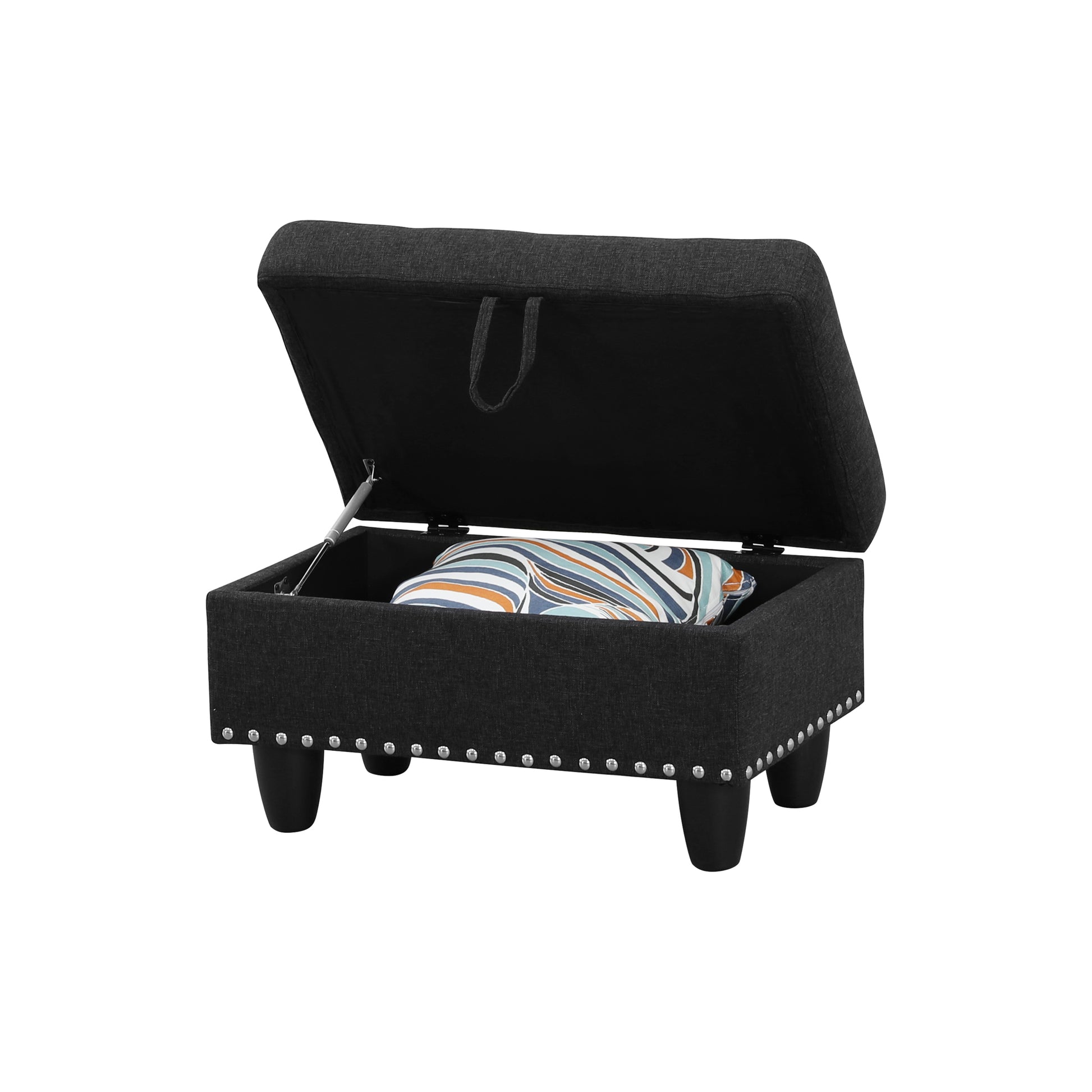 Modern black storage ottoman with nailhead trim and decorative pillow