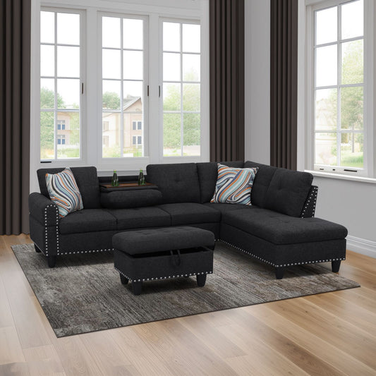 Dark gray sectional sofa with nailhead trim and throw pillows